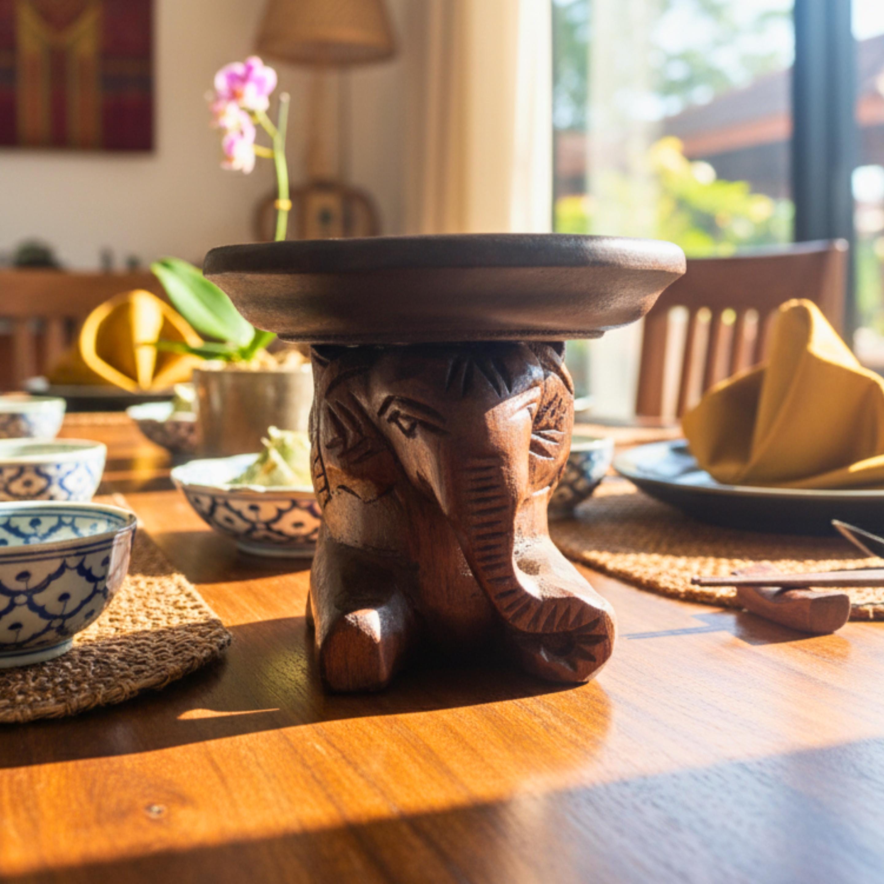 Hand Carved Elephant Pedestal Dish: Wood Soap Holder Spa Accessory