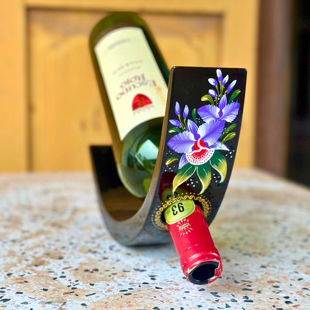Hand-Painted Balancing Wine Holder, Unique Acacia Wood Stand, Orchid Flower Design, Wine Lover Gift