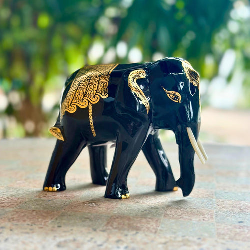 Hand Carved Black Lacquer Elephant Figurine Thai Wood Good Luck Statue Elephant Lover Gift