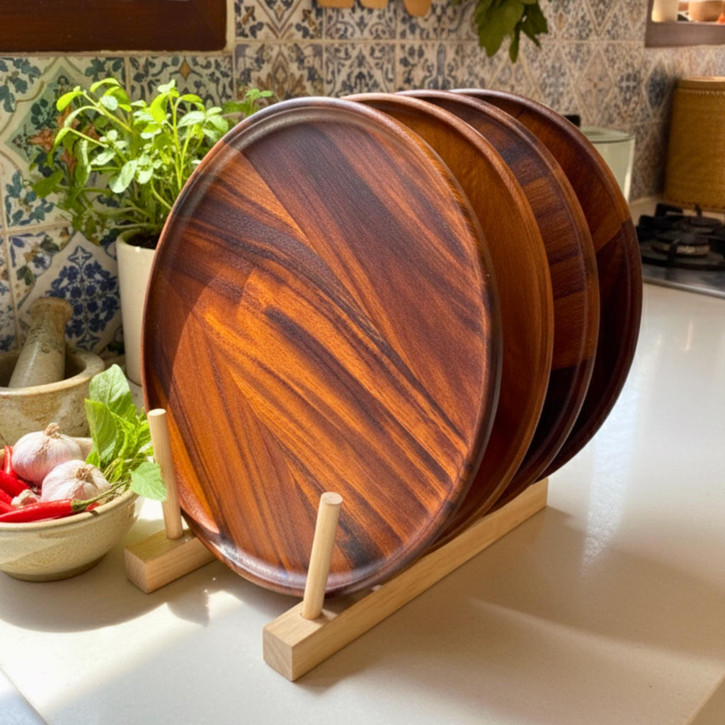 Hand Carved Upcycled Wood Dinner Plates: 10" Rustic Dining & Serving Dishes