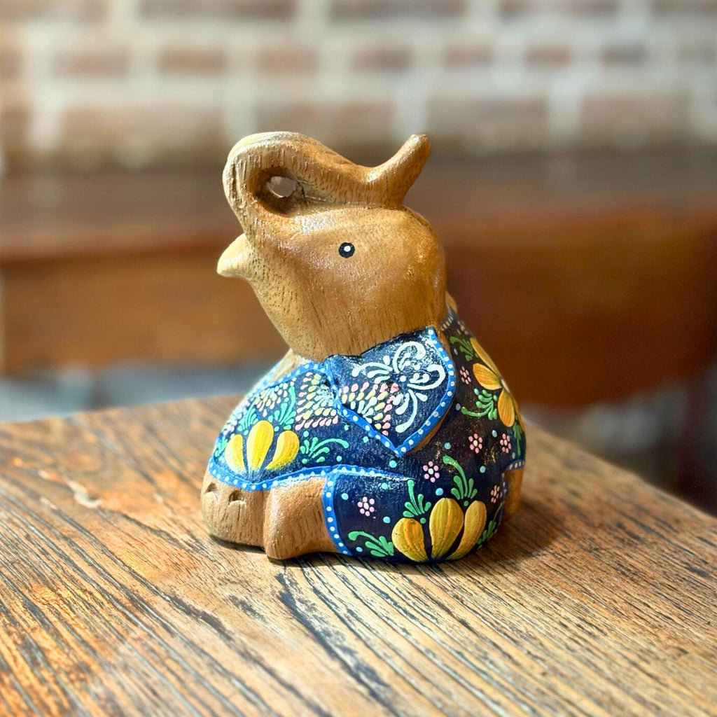 Hand Painted Thai Elephant Figurine: Batik Style Wood Sculpture