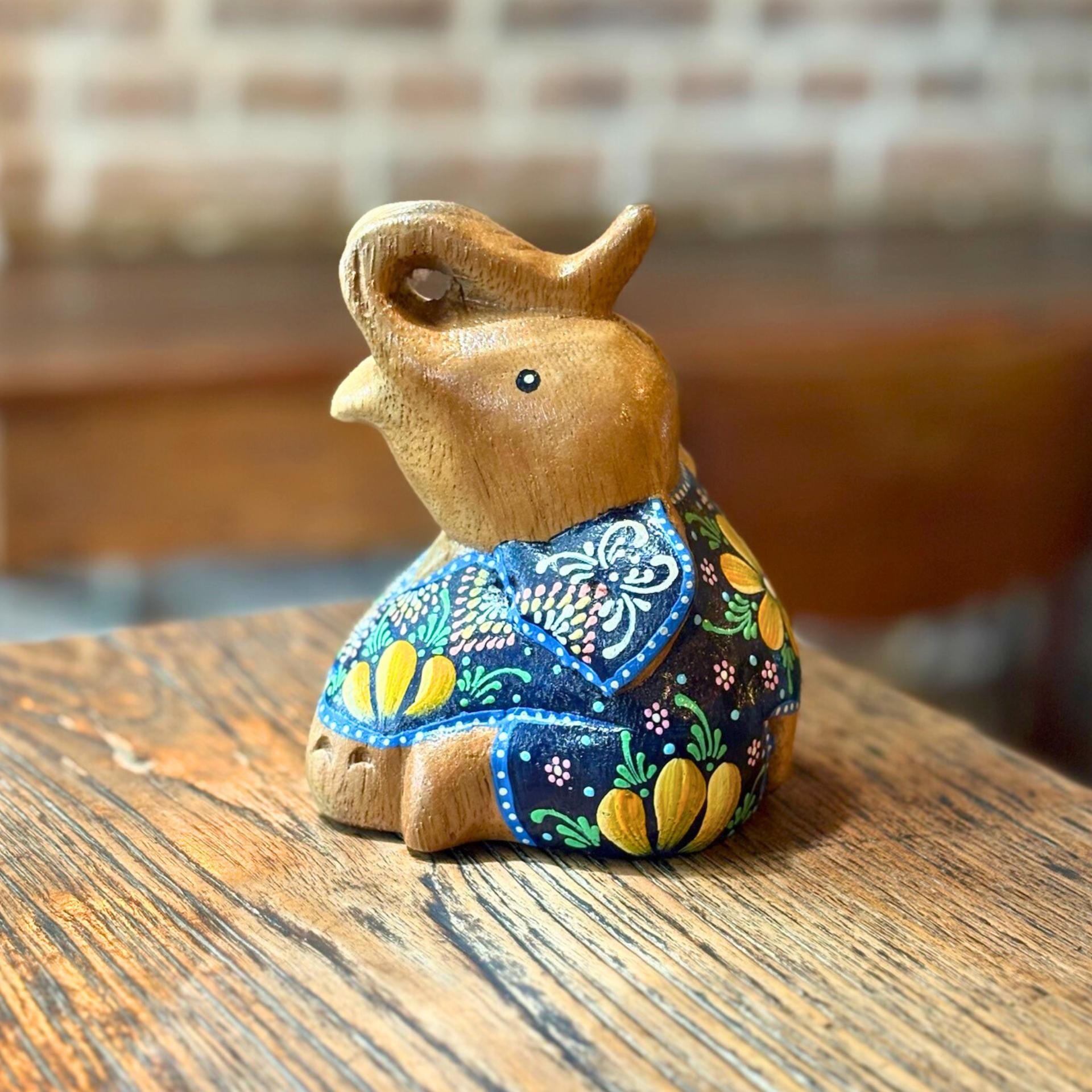 Hand Painted Thai Elephant Figurine: Batik Style Wood Sculpture