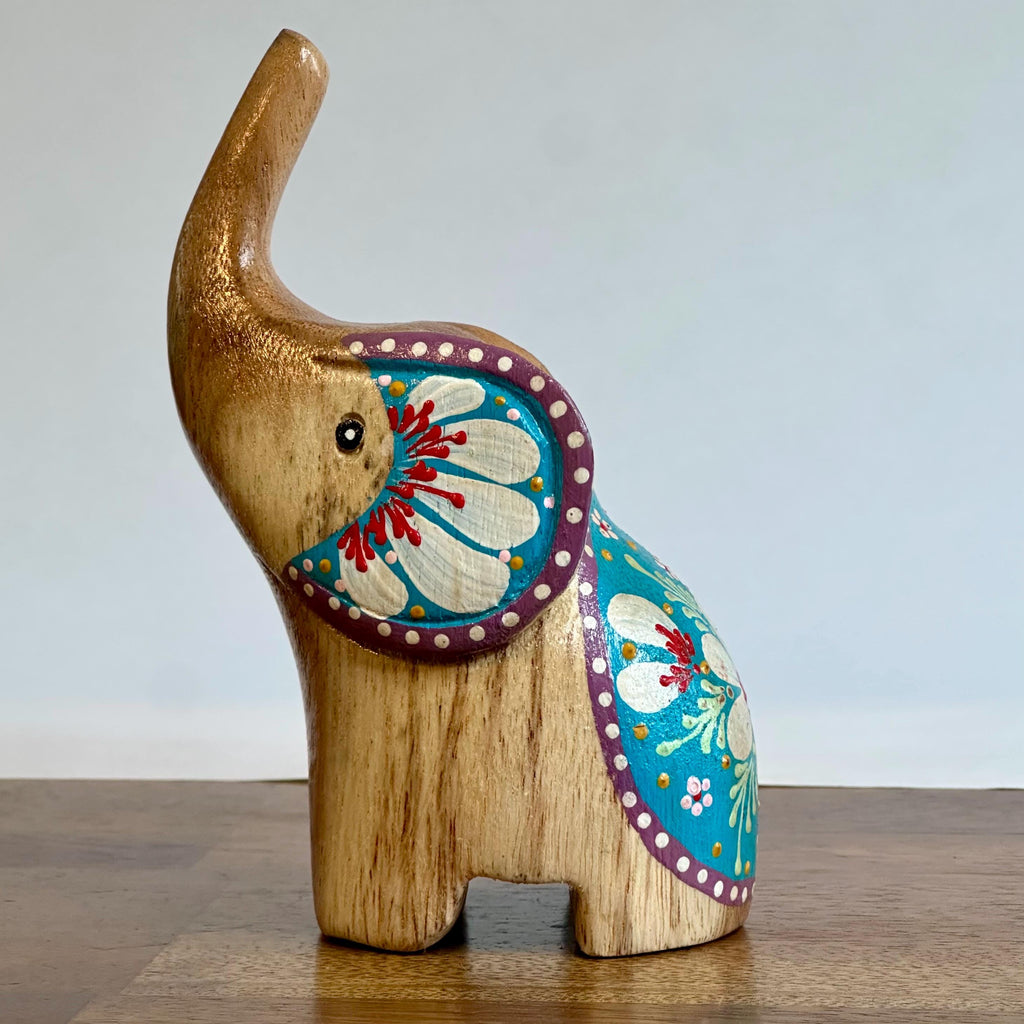 Hand Carved Wood Elephant: Thai Folk Art Lotus Sculpture