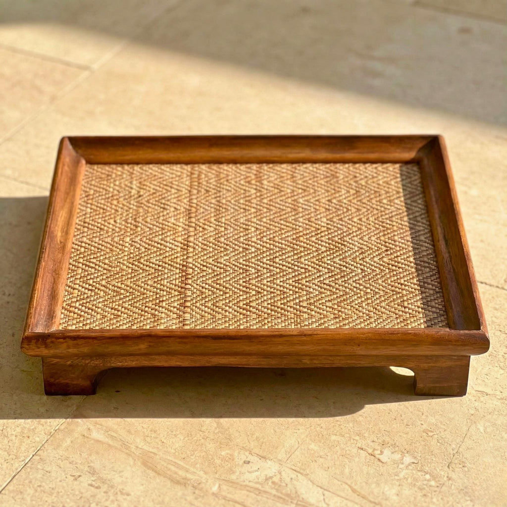 Handcrafted Hardwood Serving Tray: Woven Rattan Elevated Riser for Serving & Tea Set Display
