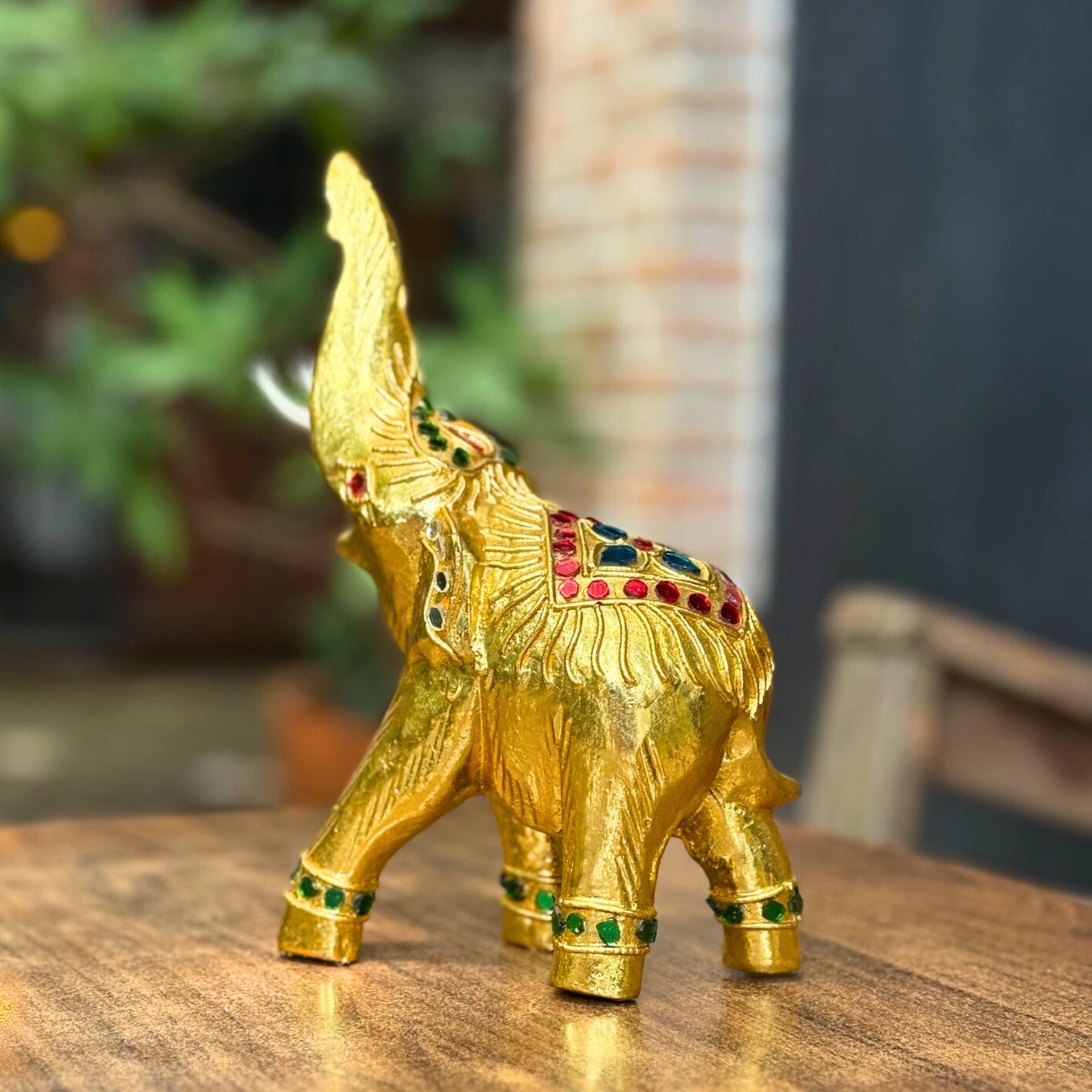 Golden Elephant Figurine, Thai Handcrafted Decor: Jeweled Lucky Elephant Statue, Cultural Home Accent