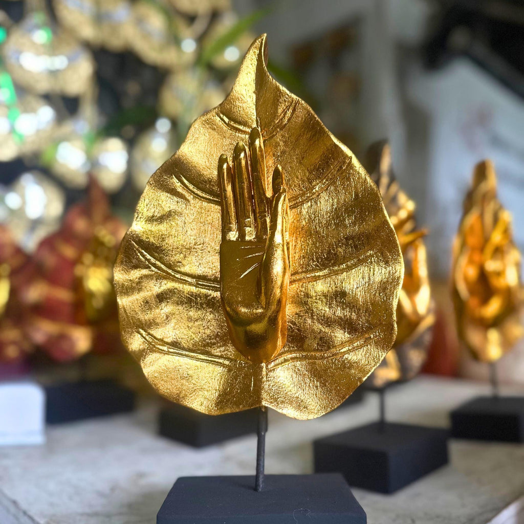 Golden Mudra Hand Sculpture: Thai Meditation Decor in Lotus Leaf