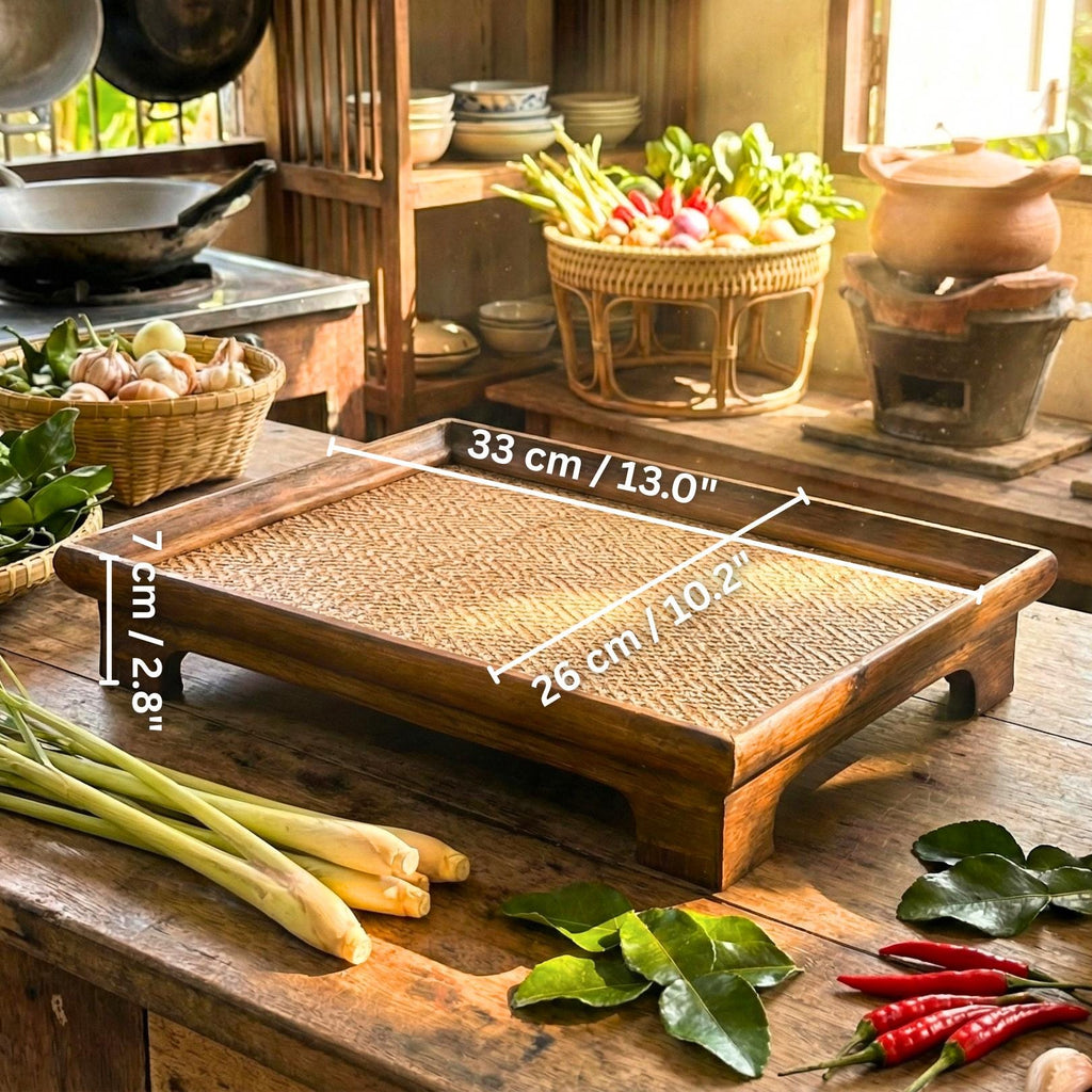 Handcrafted Hardwood Serving Tray: Woven Rattan Elevated Riser for Serving & Tea Set Display