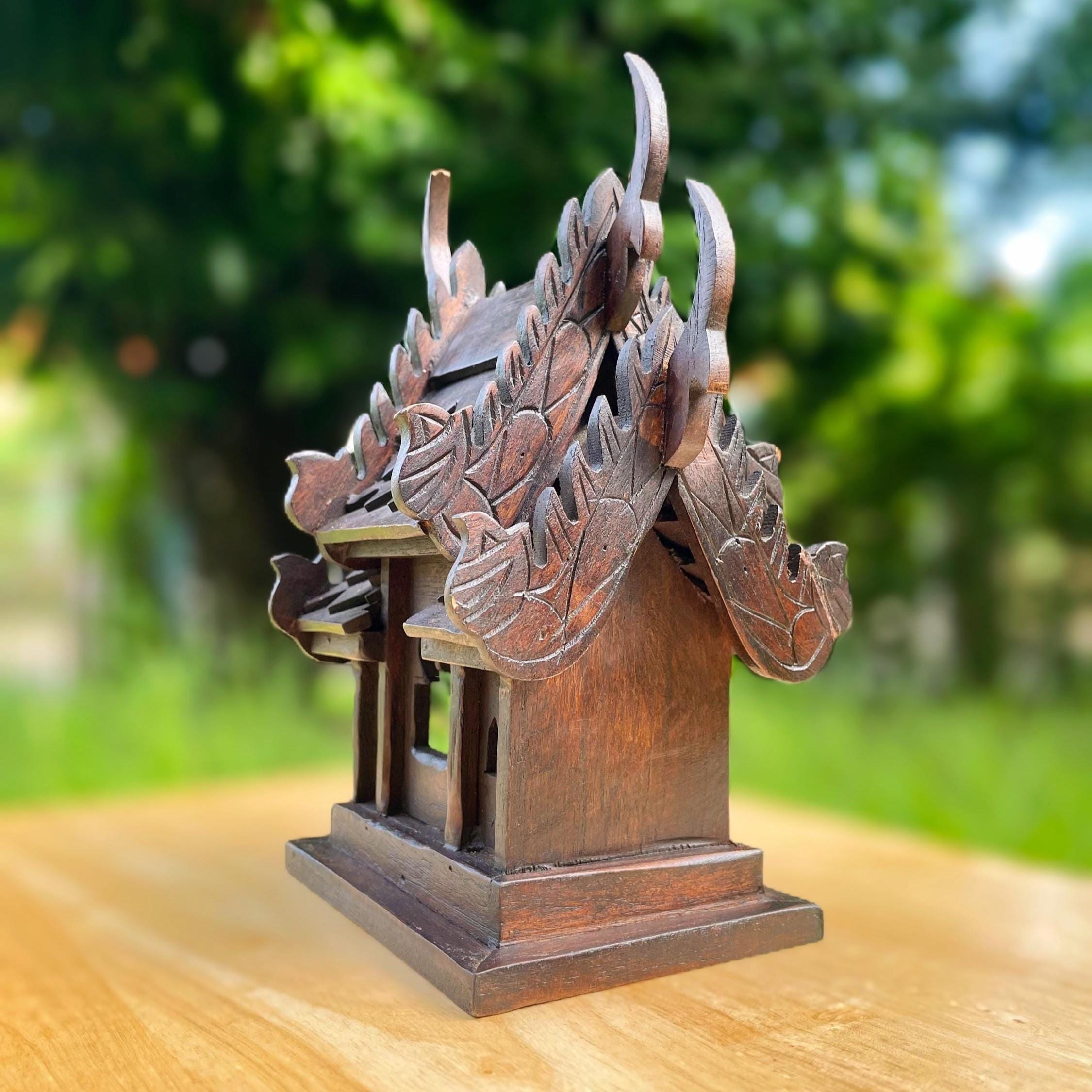 Handcrafted Teak Wood Spirit House: San Phra Phum Traditional Thai Folk Art Decor