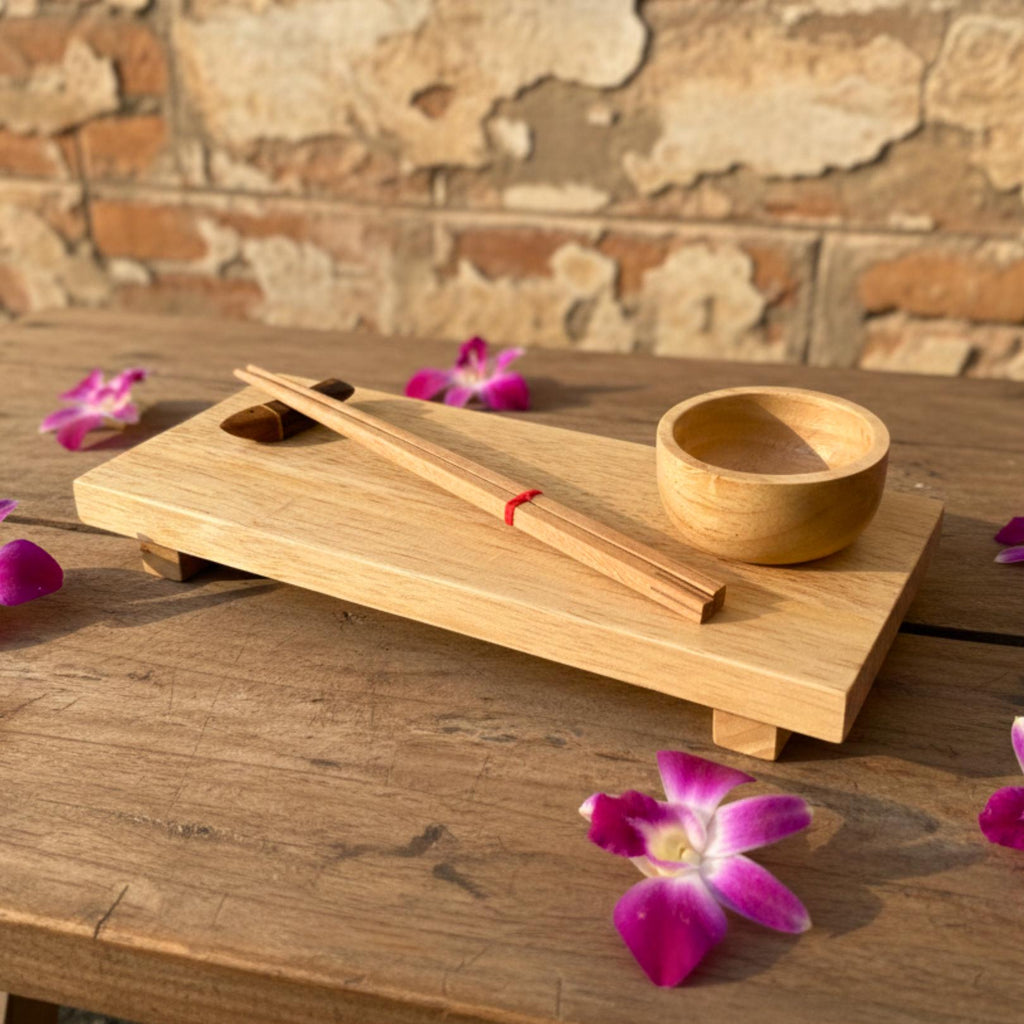 Hand Carved Wood Sushi Platter Set: Minimalist Light Wood Teaware