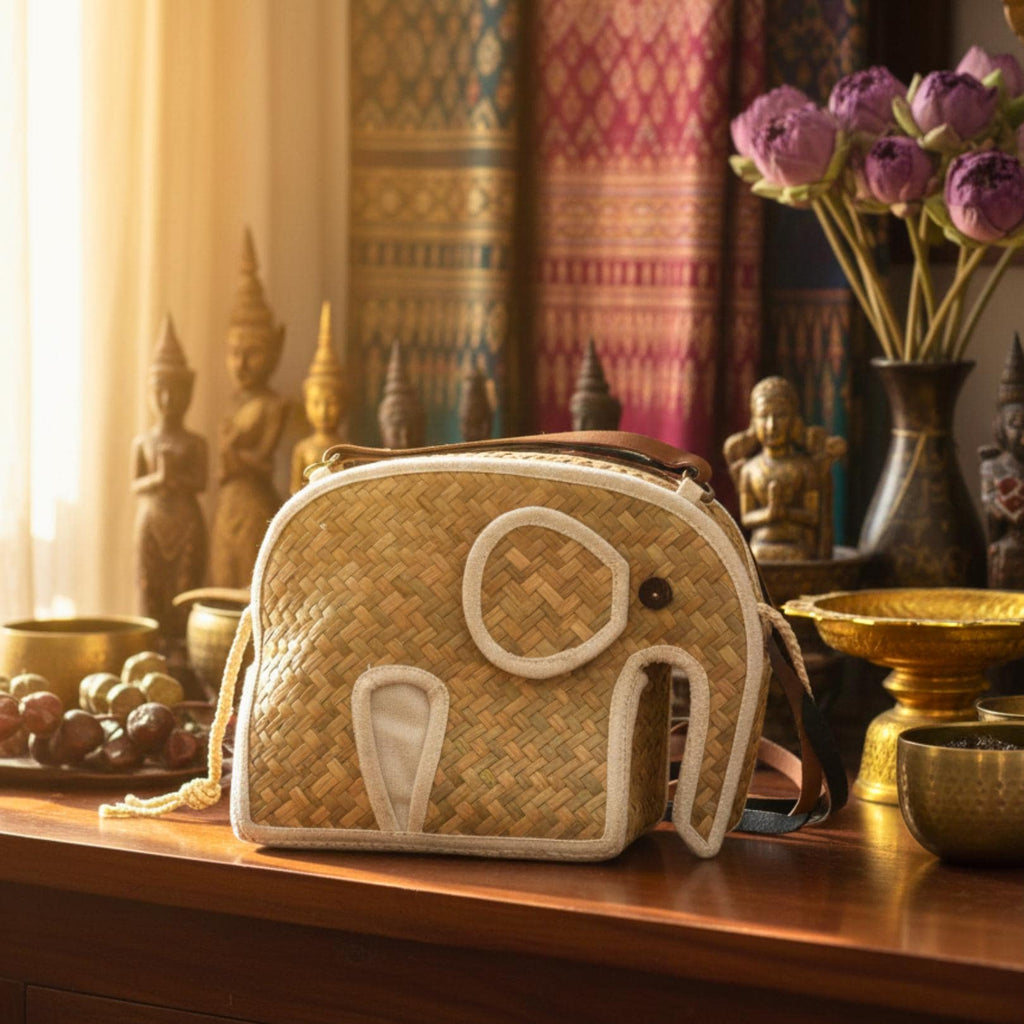 Hand Woven Elephant Rattan Shoulder Bag: Charming Animal Motif Purse