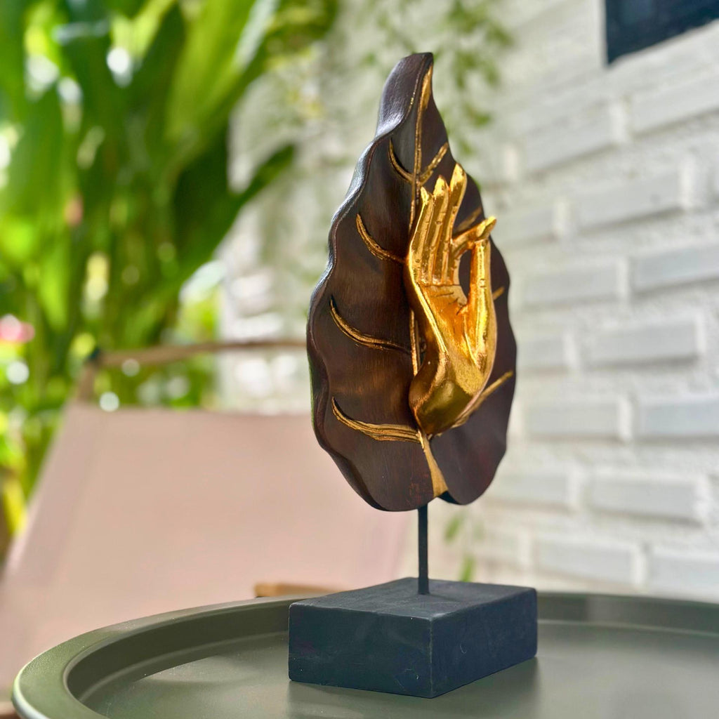 Golden Mudra Hand Sculpture: Thai Meditation Decor in Lotus Leaf