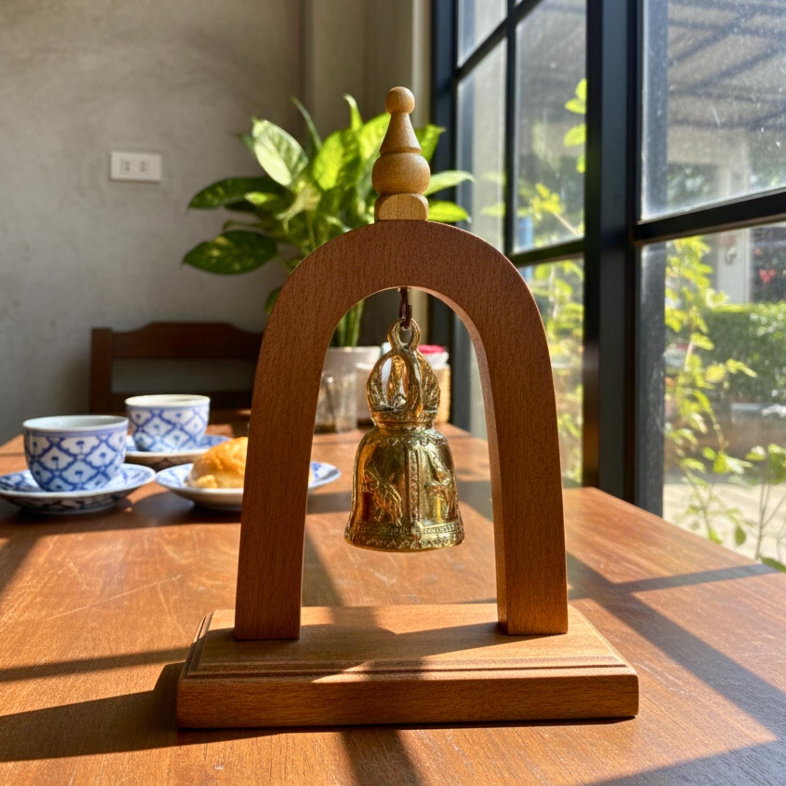 Handcrafted Wood Arch Bell Stand: Golden Temple Bell Meditation Decor