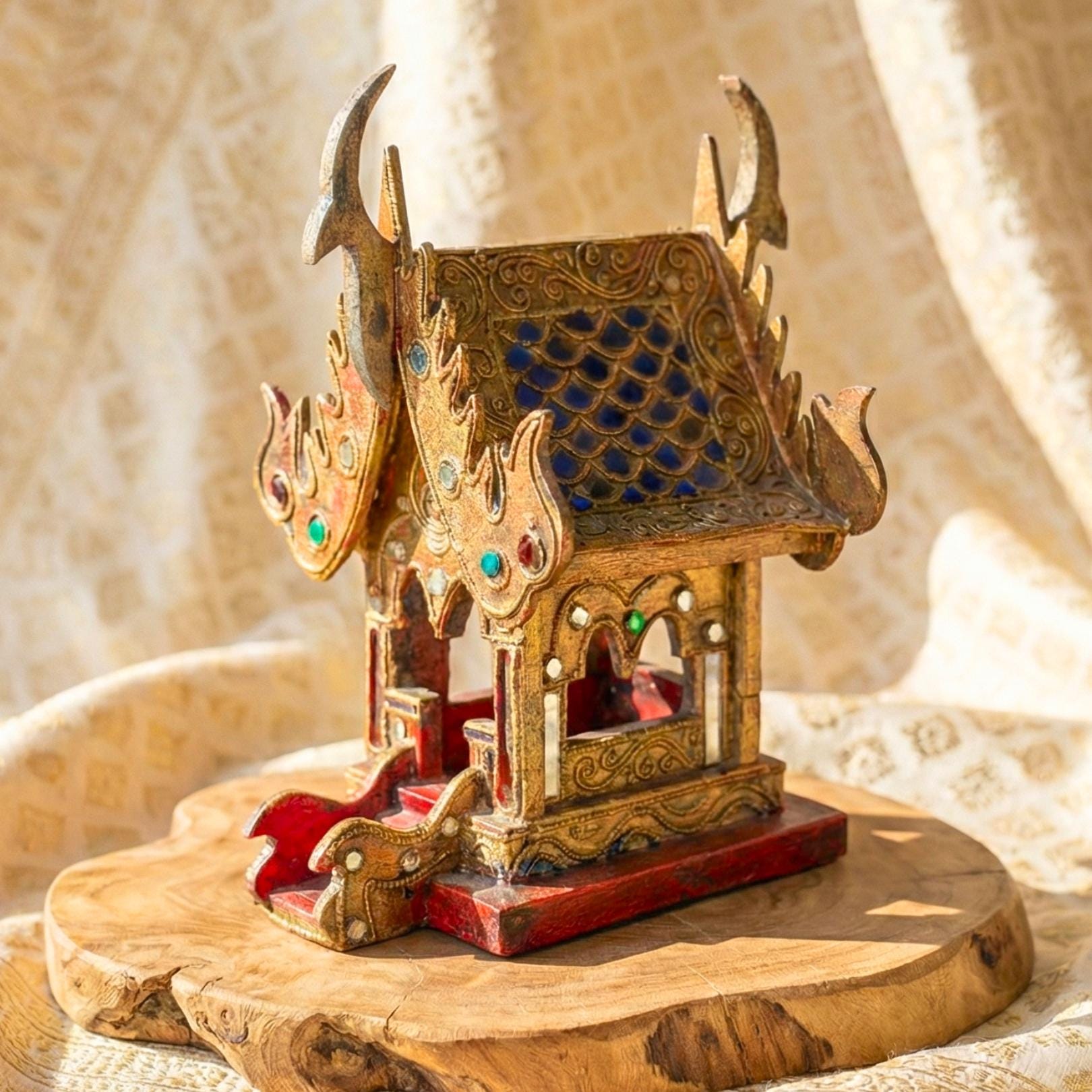 Hand Painted Thai Teak Wood Spirit House: Traditional Temple Shrine, Folk Art