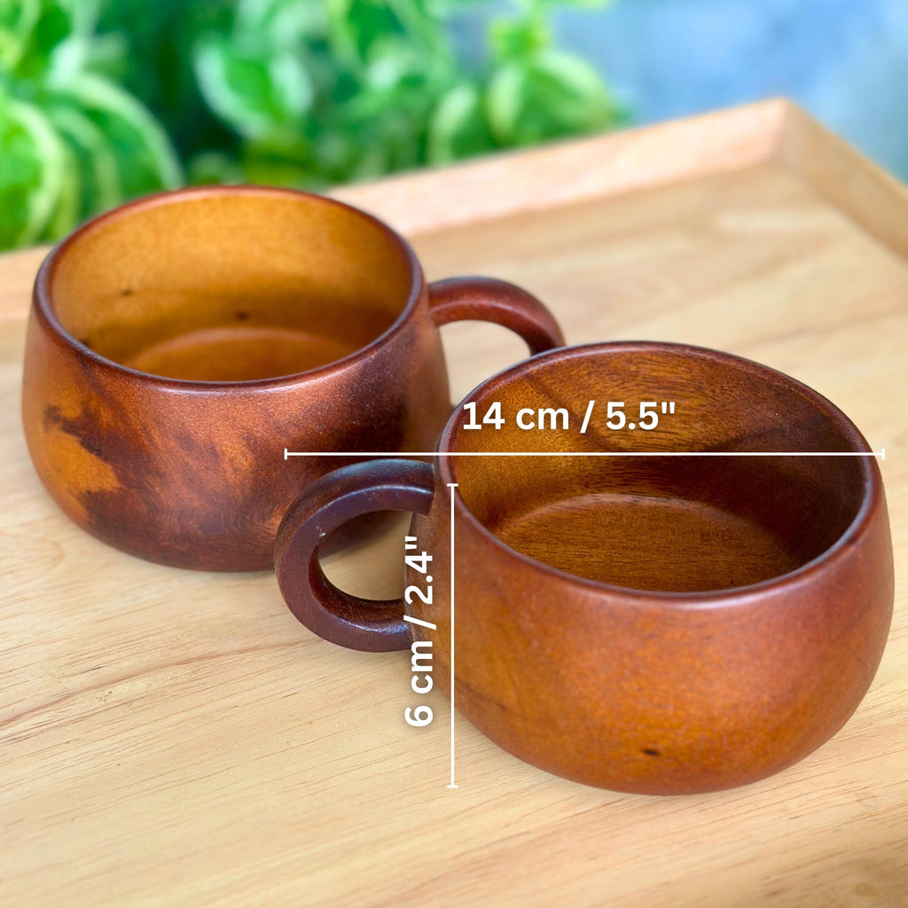 Hand Carved Wooden Coffee Mug Set: Two Teak Wood Tea Cups