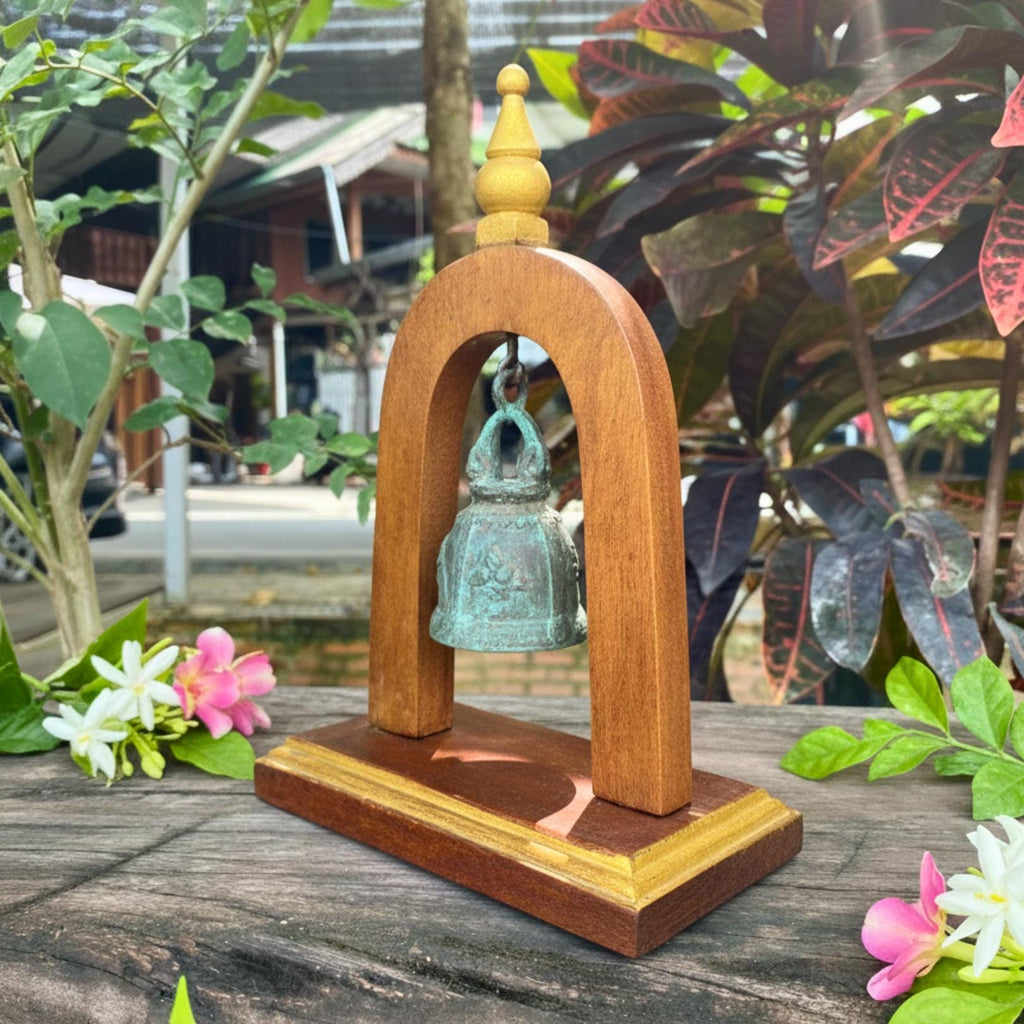 Handcrafted Wood Arch Bell Stand: Aged Brass Temple Bell Rustic Accent
