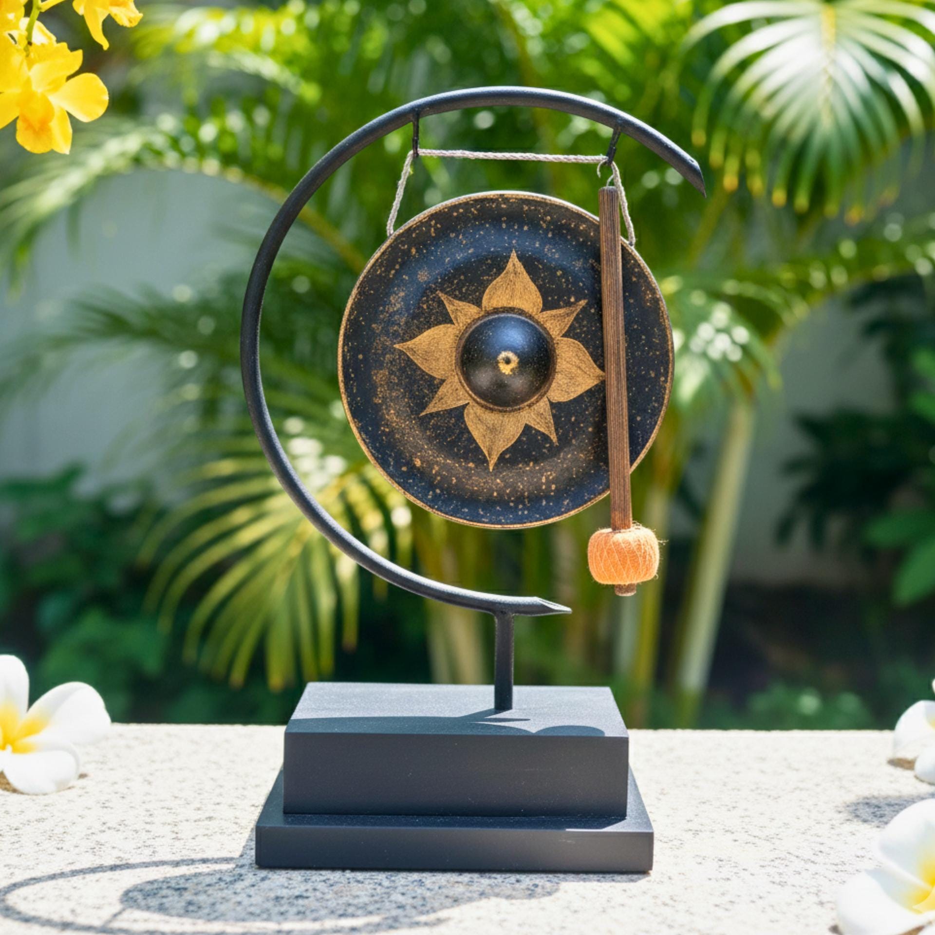 Minimalist Metal Gong on Stand: Modern Zen Meditation Decor