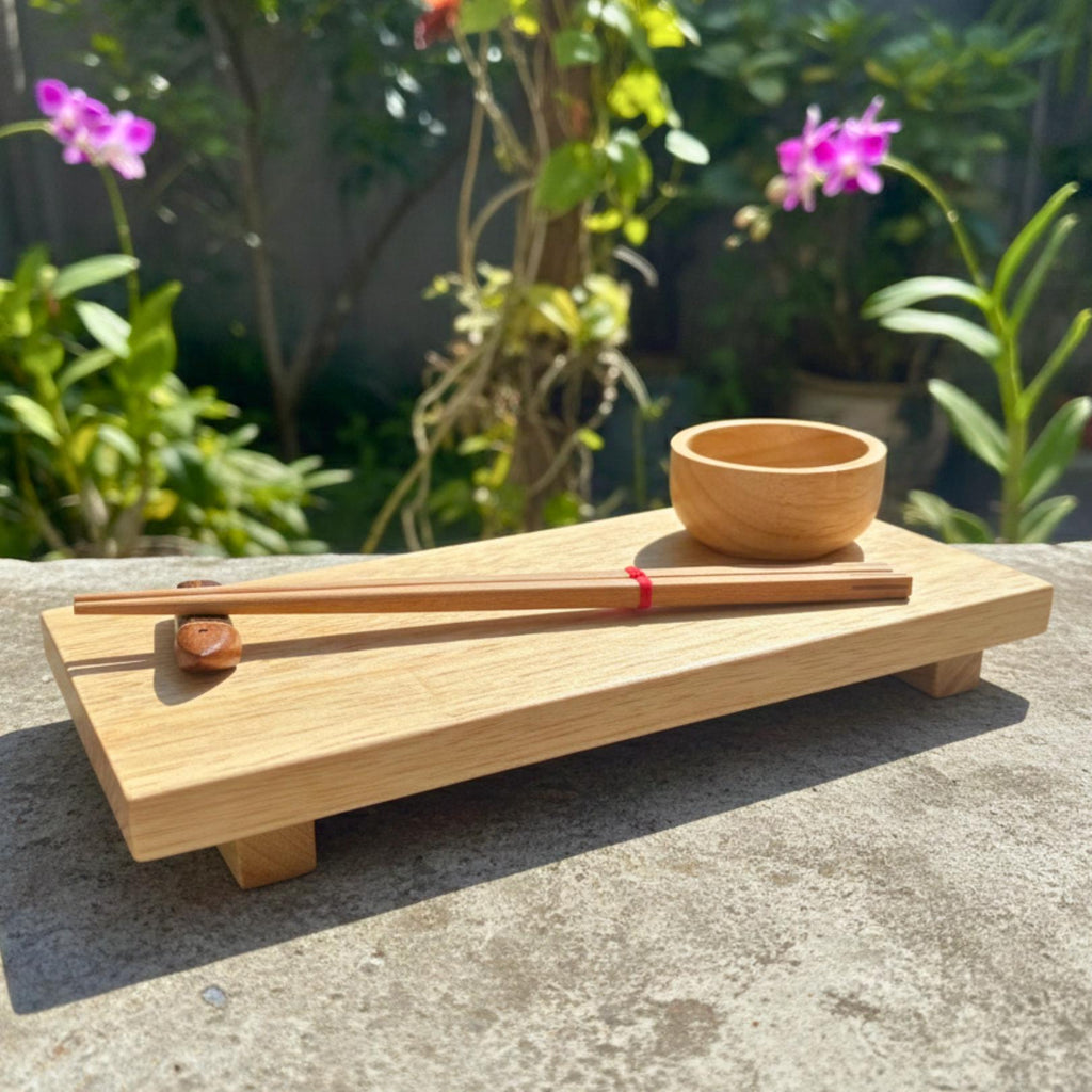 Hand Carved Wood Sushi Platter Set: Minimalist Light Wood Teaware