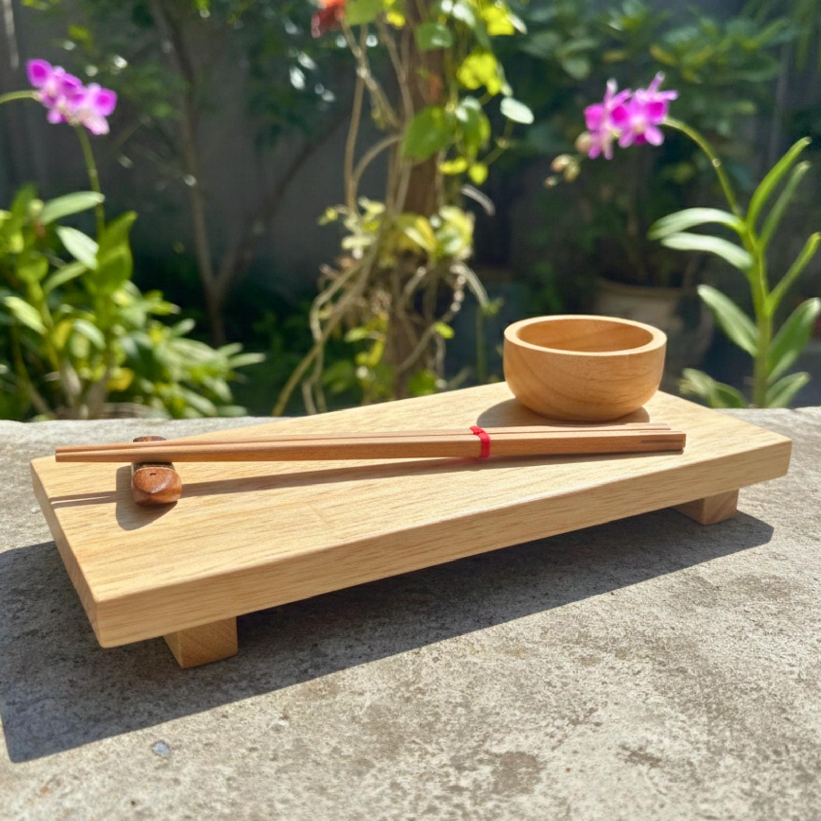 Hand Carved Wood Sushi Platter Set: Minimalist Light Wood Teaware