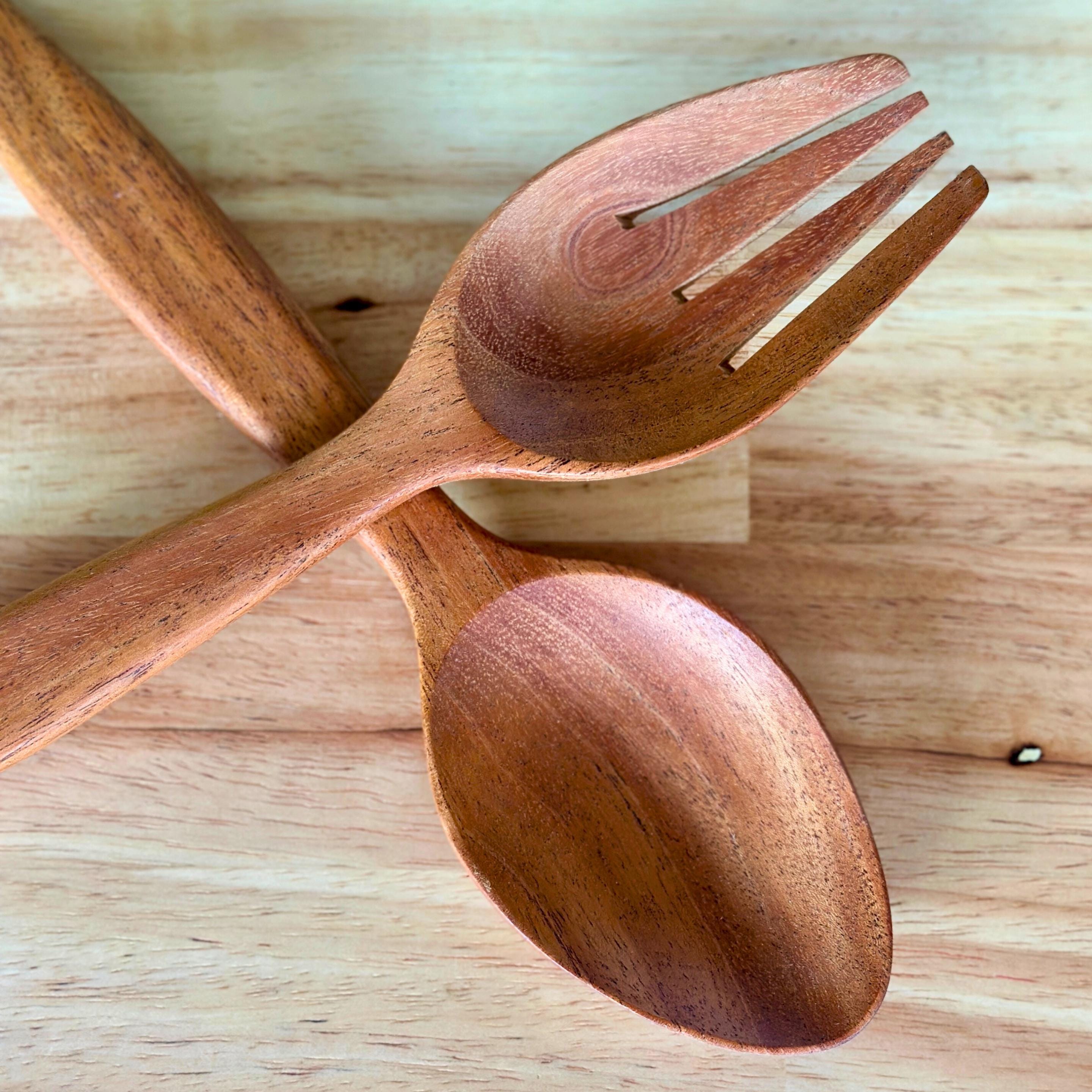Hand Carved Wood Salad Tongs Serving Set: Rustic Upcycled Kitchen Utensils