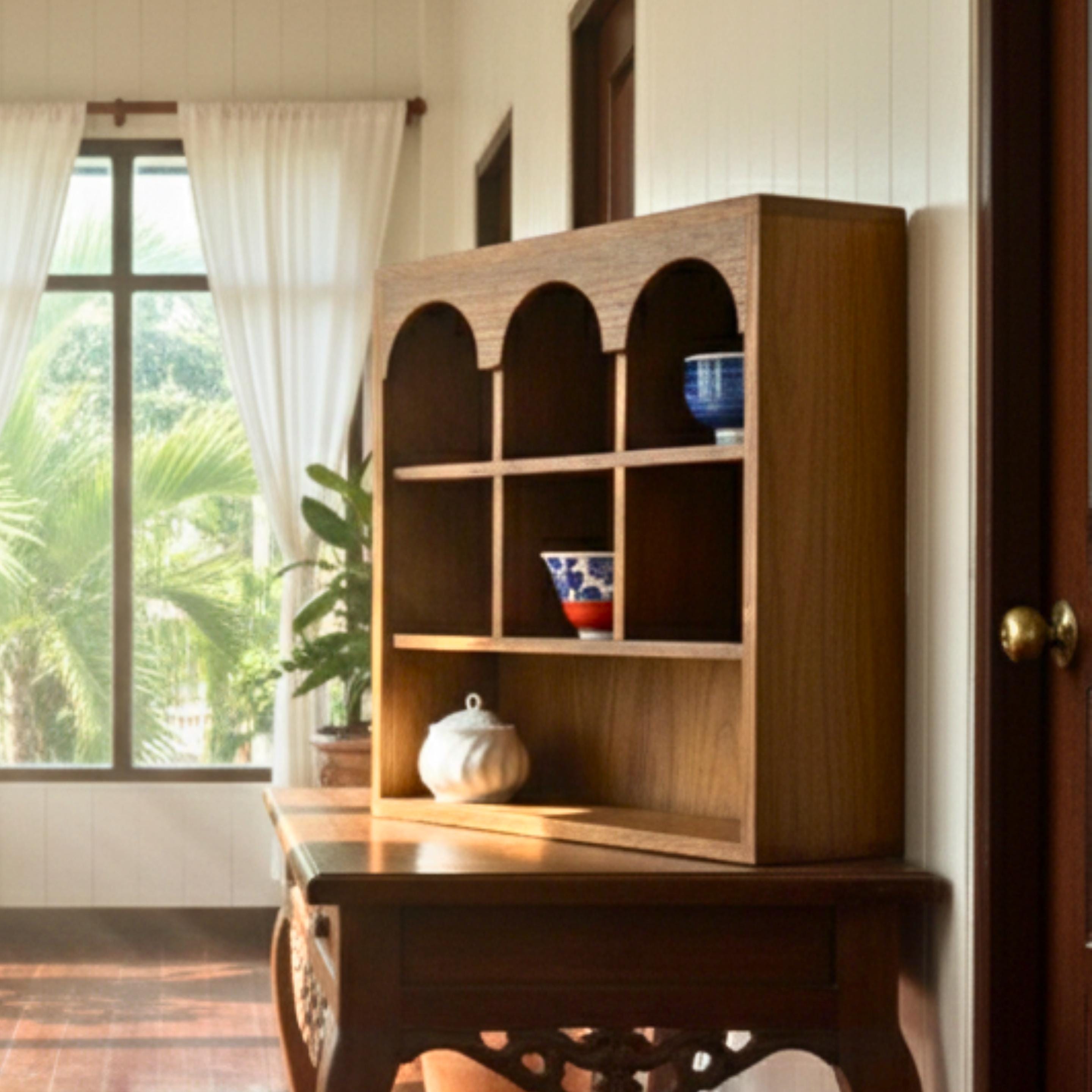 Teak Wood Arched Wall Shelf: Thai Niche Display with Mini Vessels