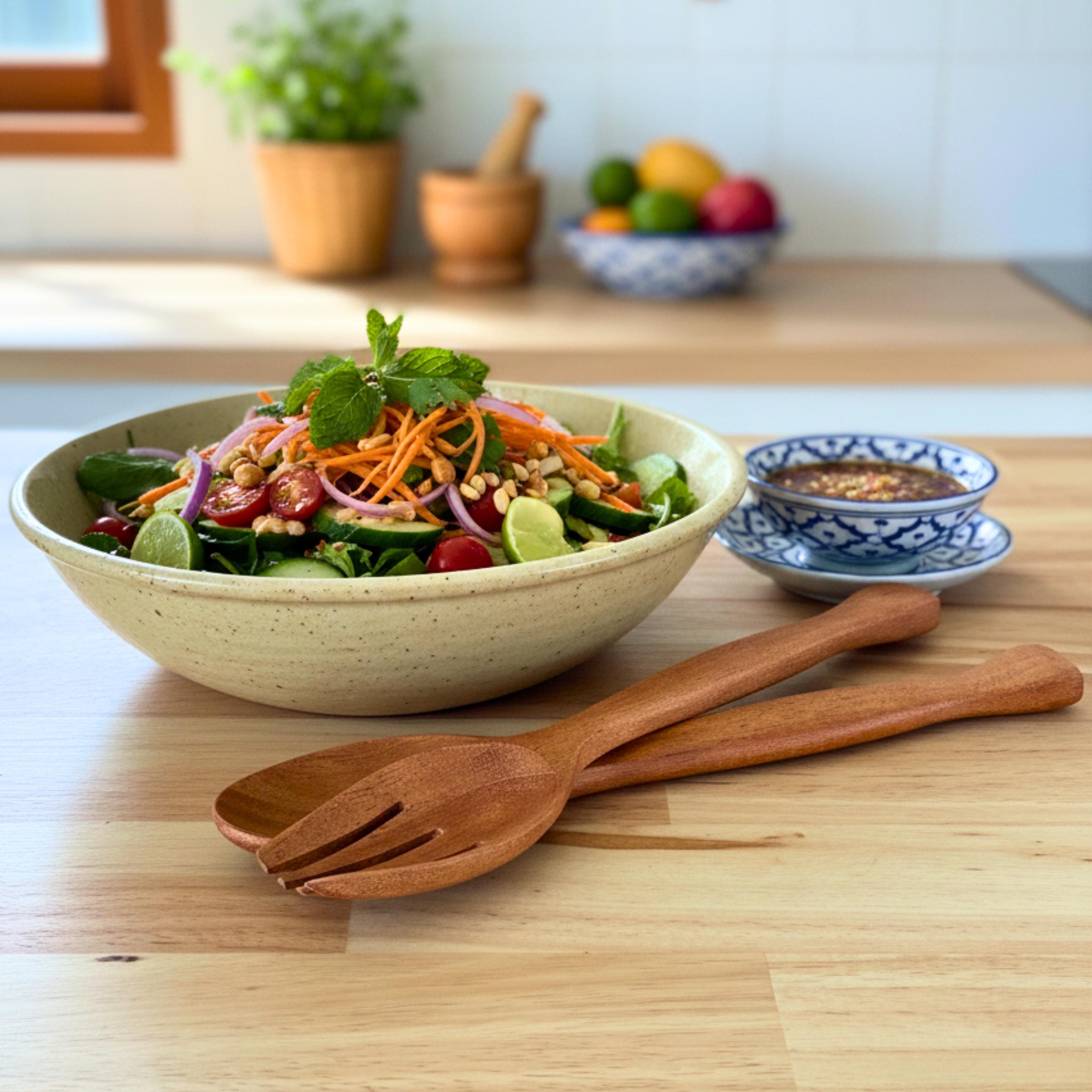 Hand Carved Wood Salad Tongs Serving Set: Rustic Upcycled Kitchen Utensils