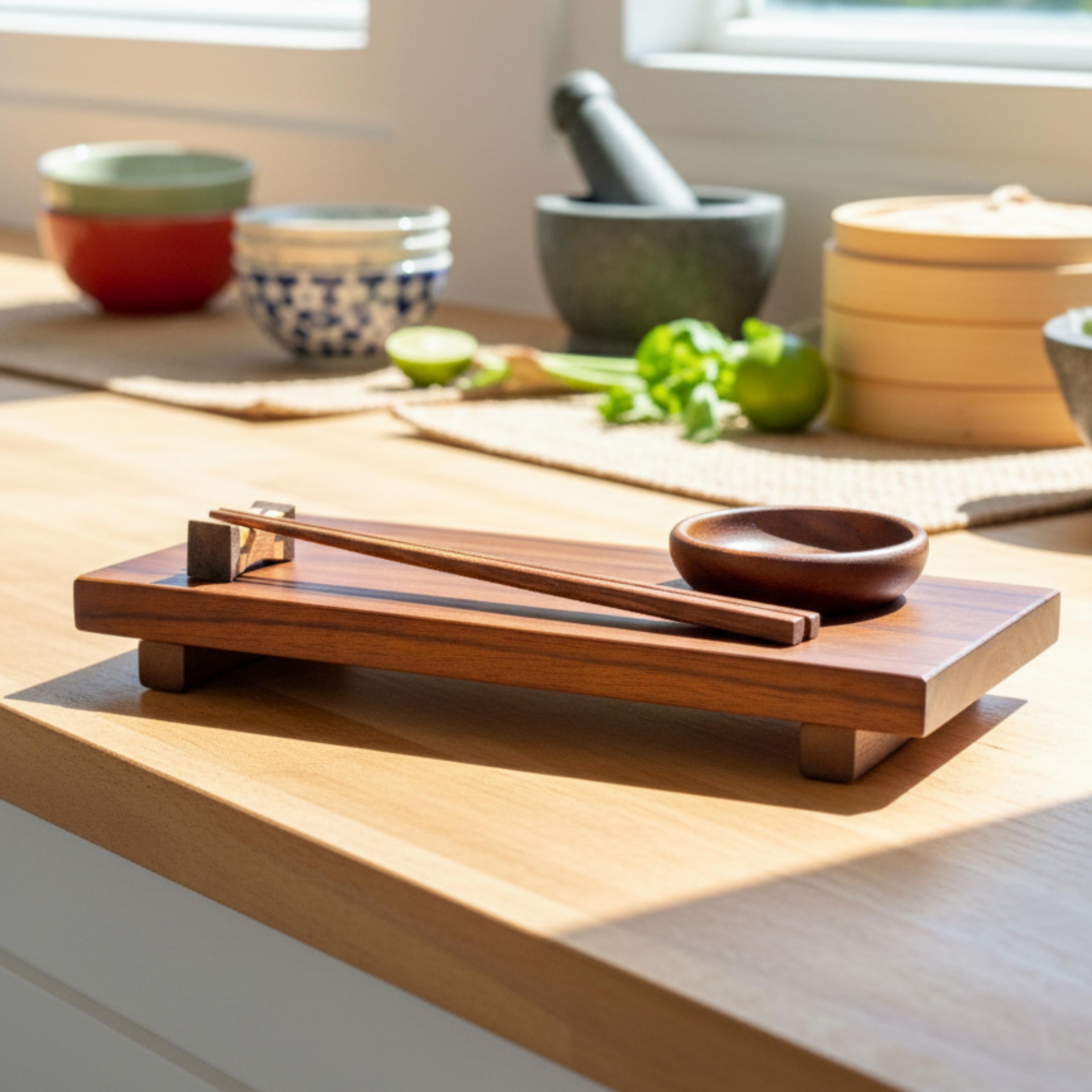 Hand Carved Wood Sushi Platter Set: Minimalist Japanese Tableware