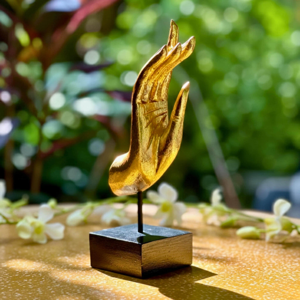 Golden Hand Sculpture: Upcycled Wood Dhyana Mudra | Vintage Zen Decor, Jewelry Holder