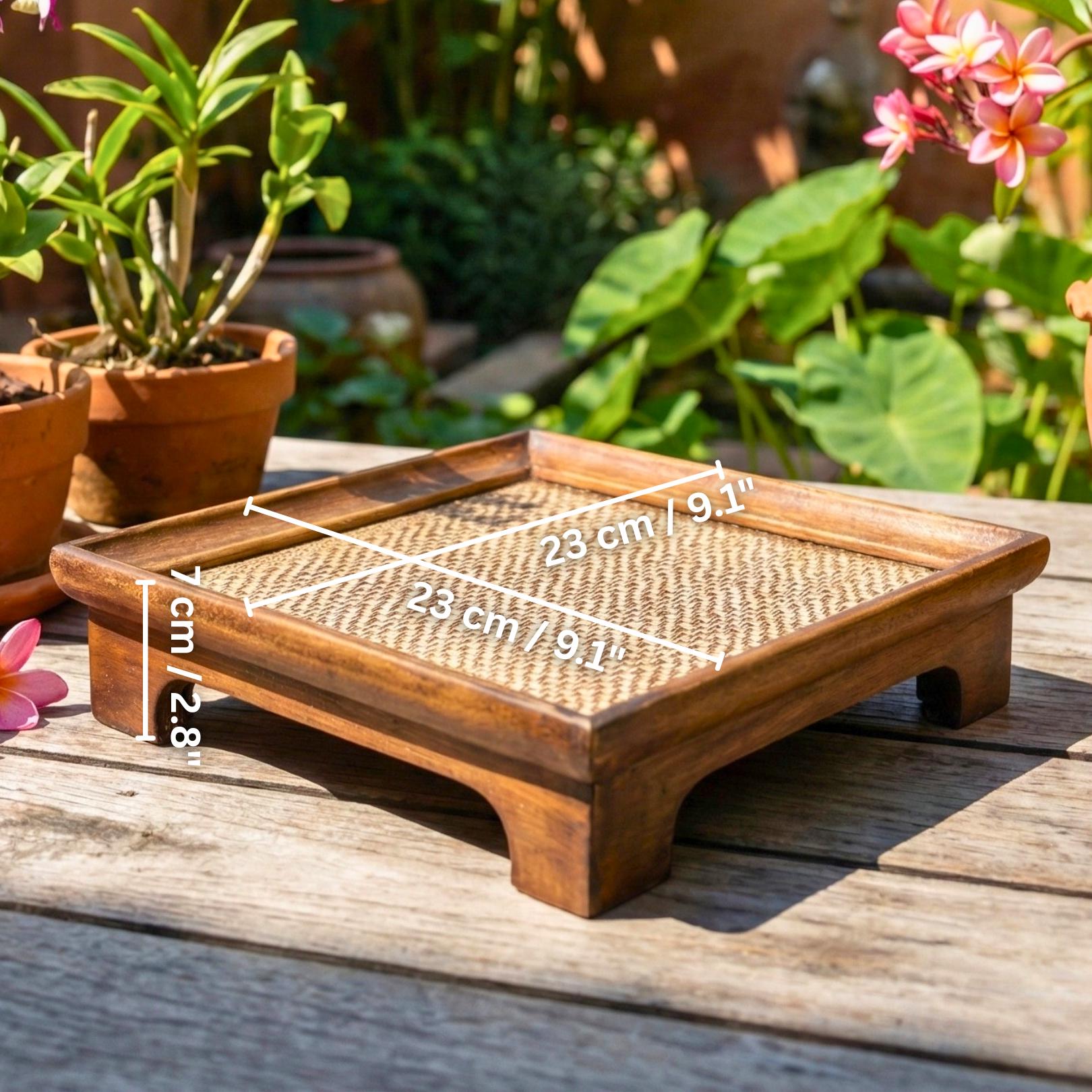 Handcrafted Hardwood Serving Tray: Bamboo Woven Riser for Tea & Teaware, Square