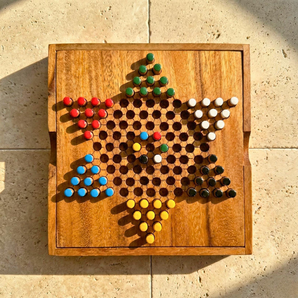 Hand Carved Wood Chinese Checkers Set: Rustic Portable Board Game, Toy & Puzzle