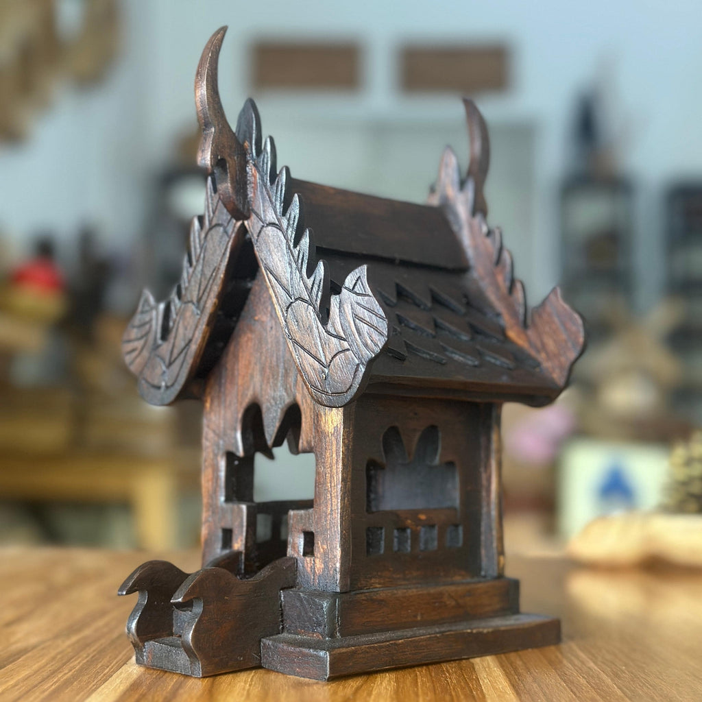Hand Carved Teak Wood Spirit House Shrine: Traditional Thai Home Temple Decor