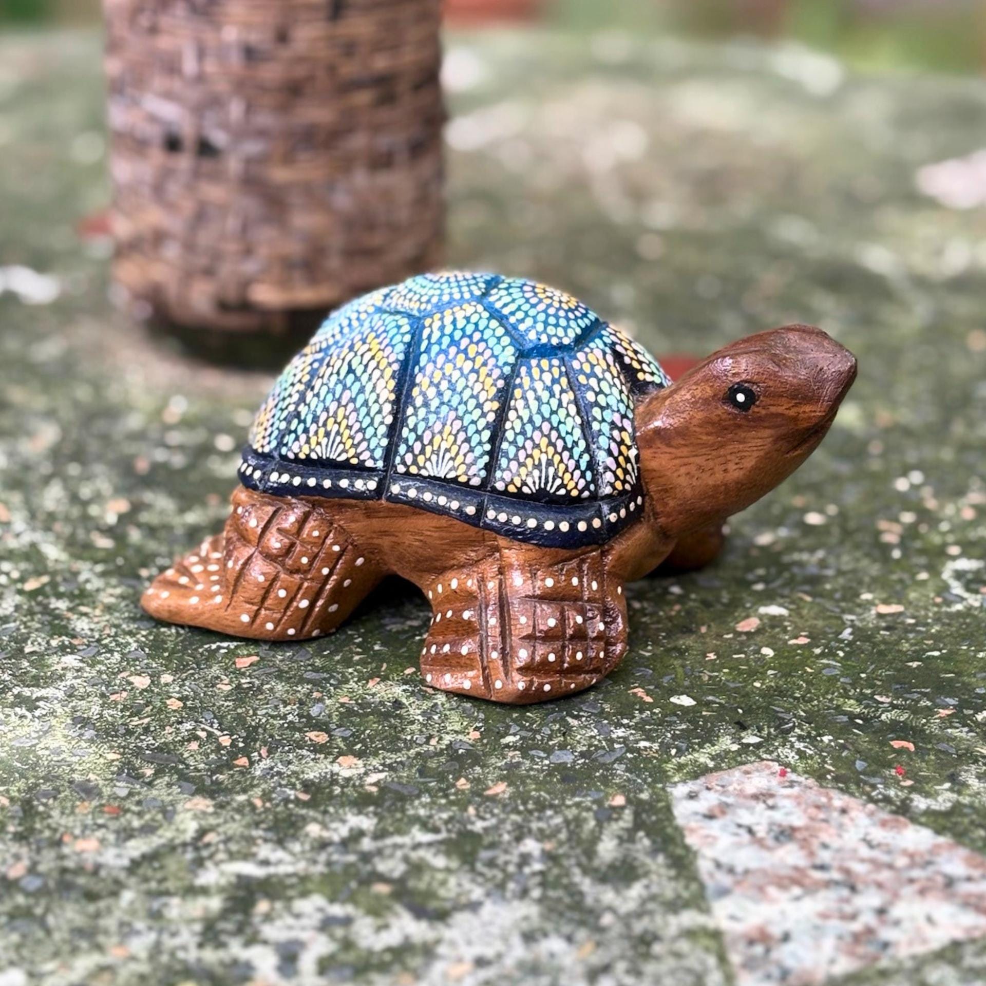 Hand Painted Turtle Figurine: Thai Tribal Folk Art Decor, Carved Wood Animal Statue