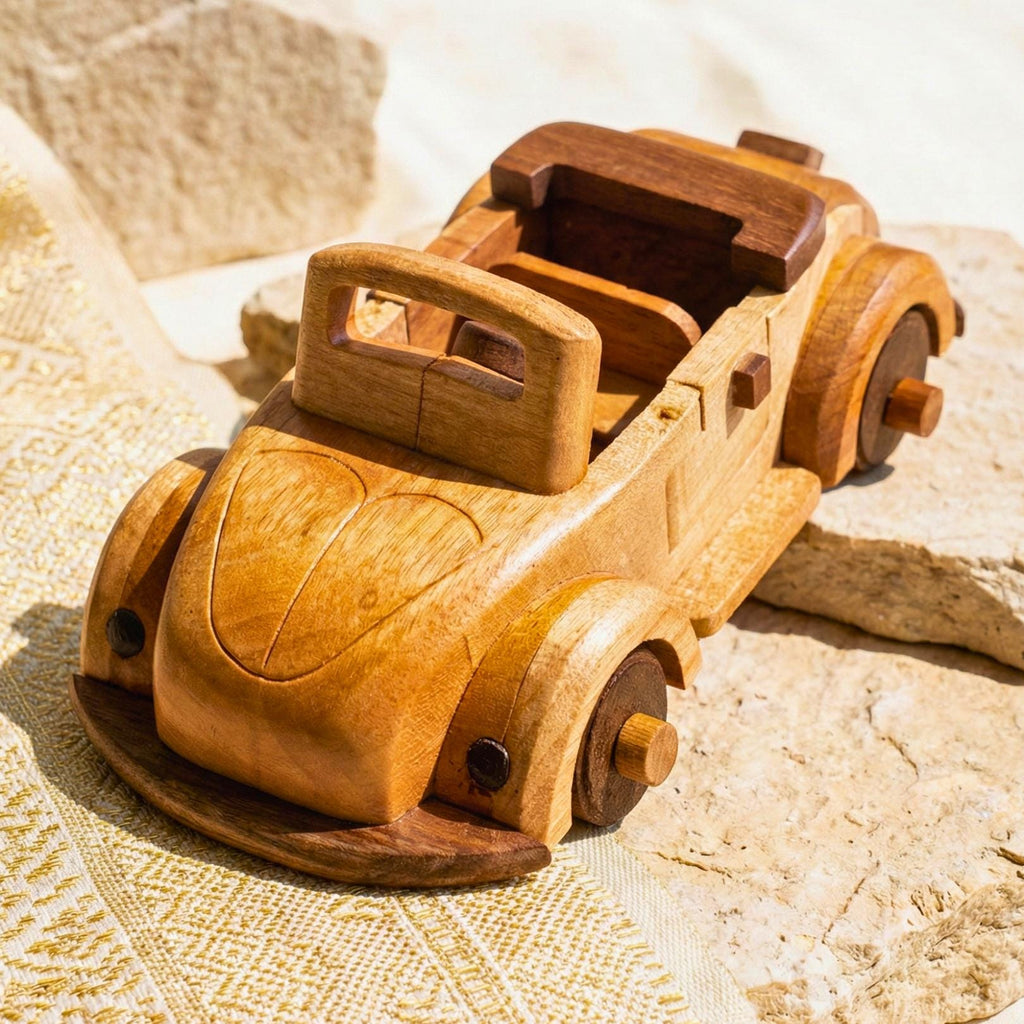 Hand Carved Wood Model Beetle Car: Vintage Automobile Desk Decor