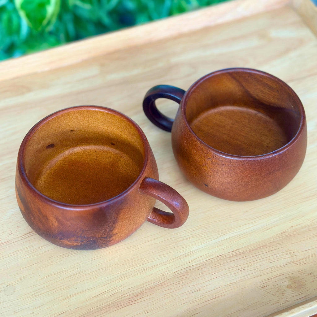 Hand Carved Wooden Coffee Mug Set: Two Teak Wood Tea Cups