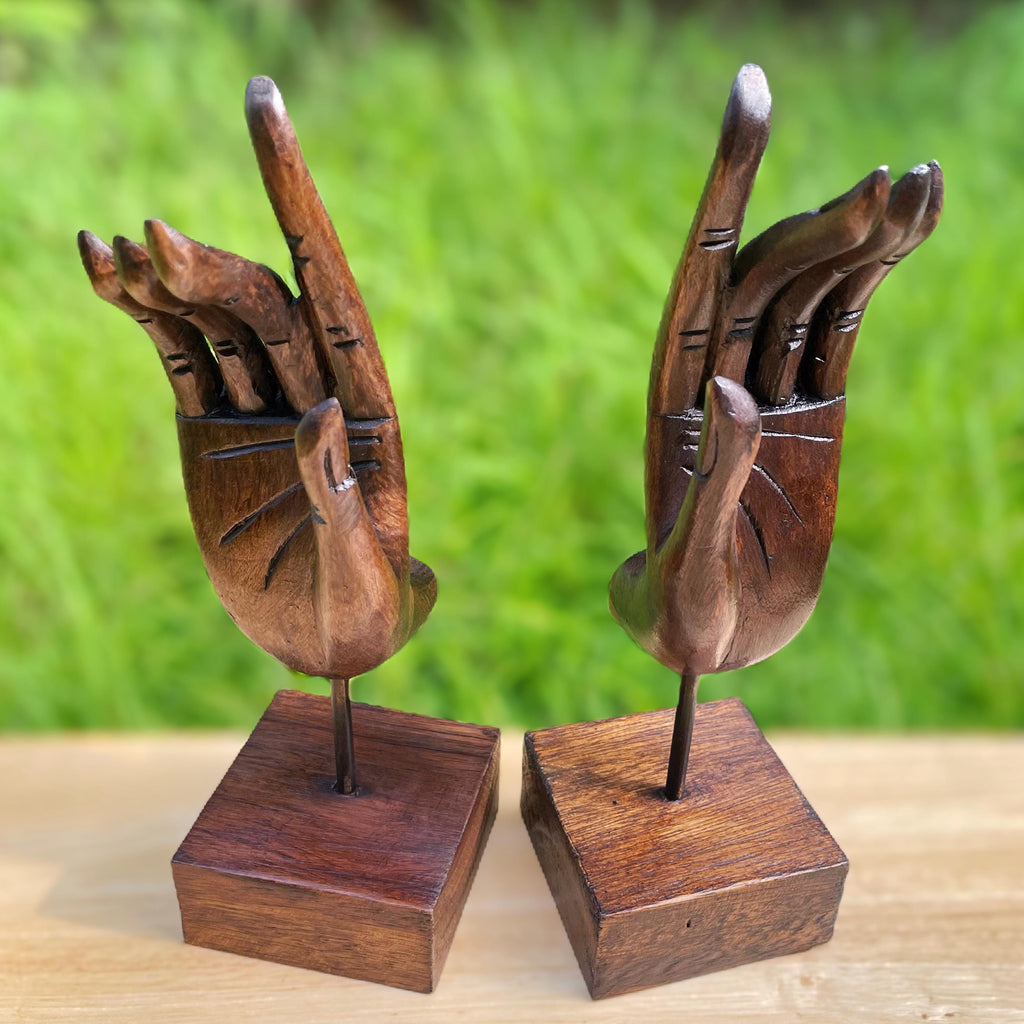 Hand Carved Wood Mudra Sculpture Set of 2: Abhaya Inspired Thai Decor