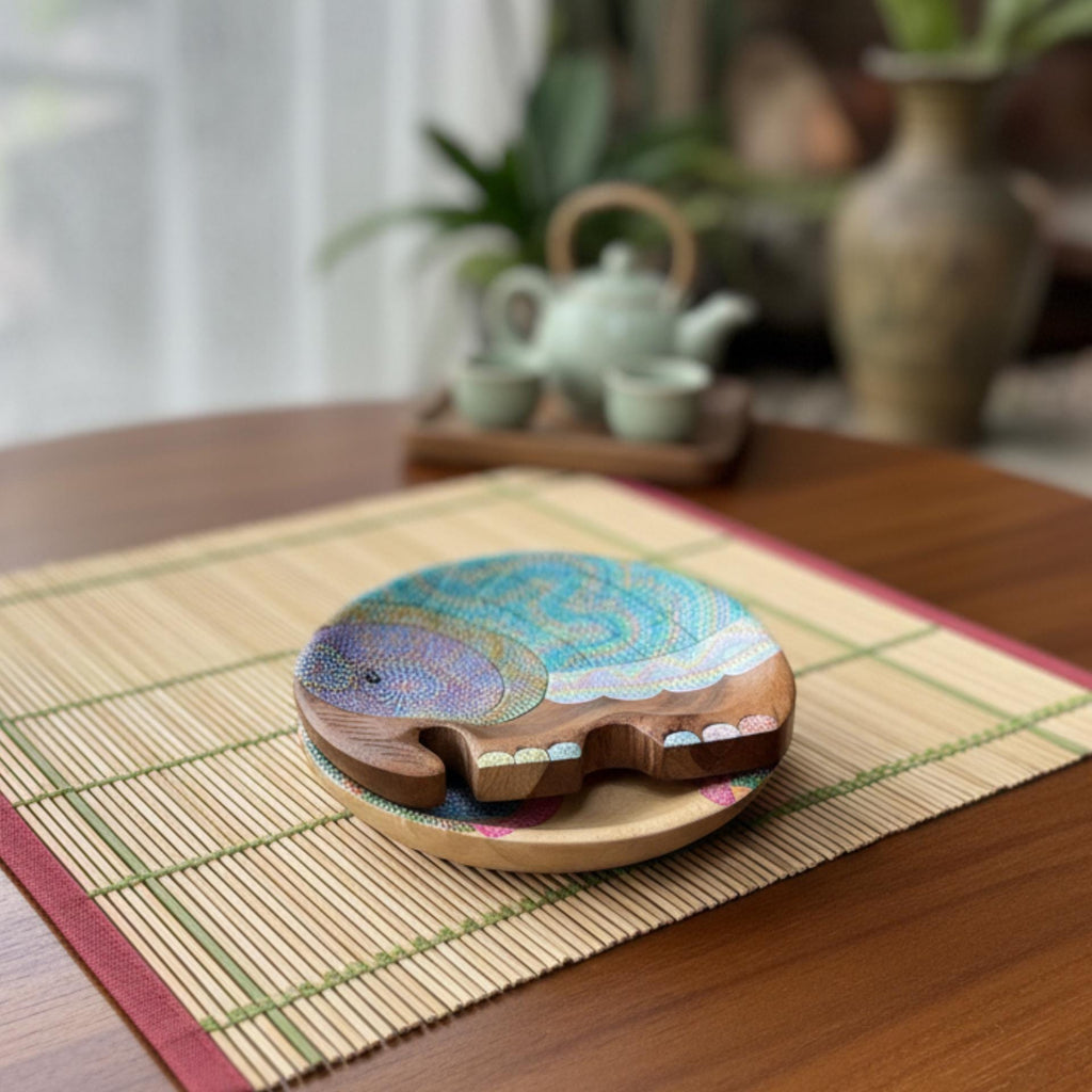 Hand Painted Wooden Elephant Plate with Dot Art Design: Thai Folk Art Decor