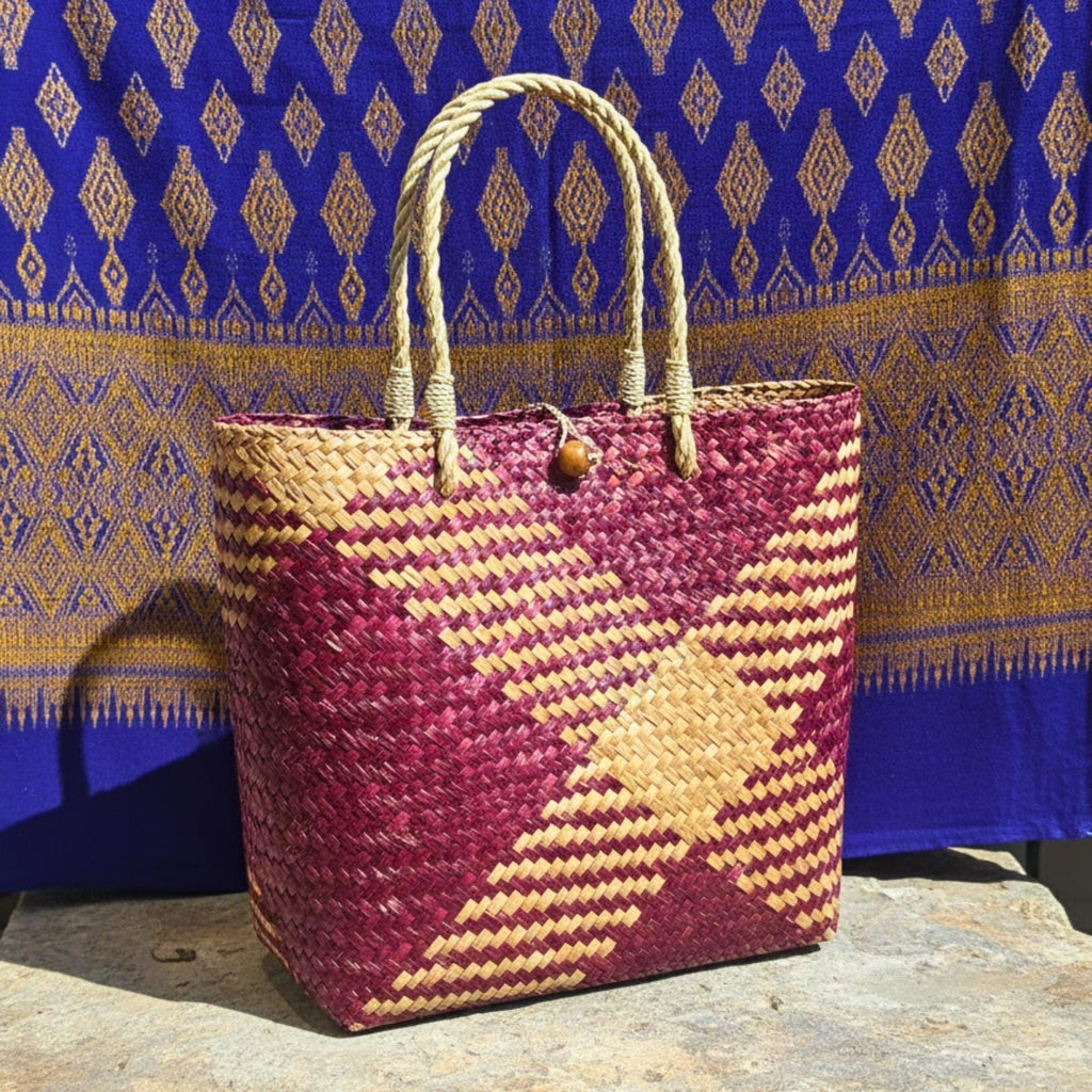 Hand Woven Rattan Square Tote Bag: Boho Wicker Handbag with Rope Handles