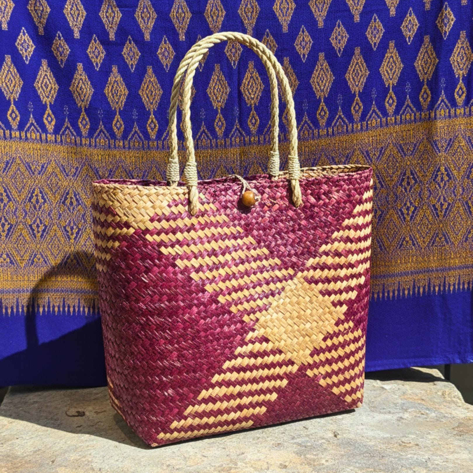 Hand Woven Rattan Square Tote Bag: Boho Wicker Handbag with Rope Handles
