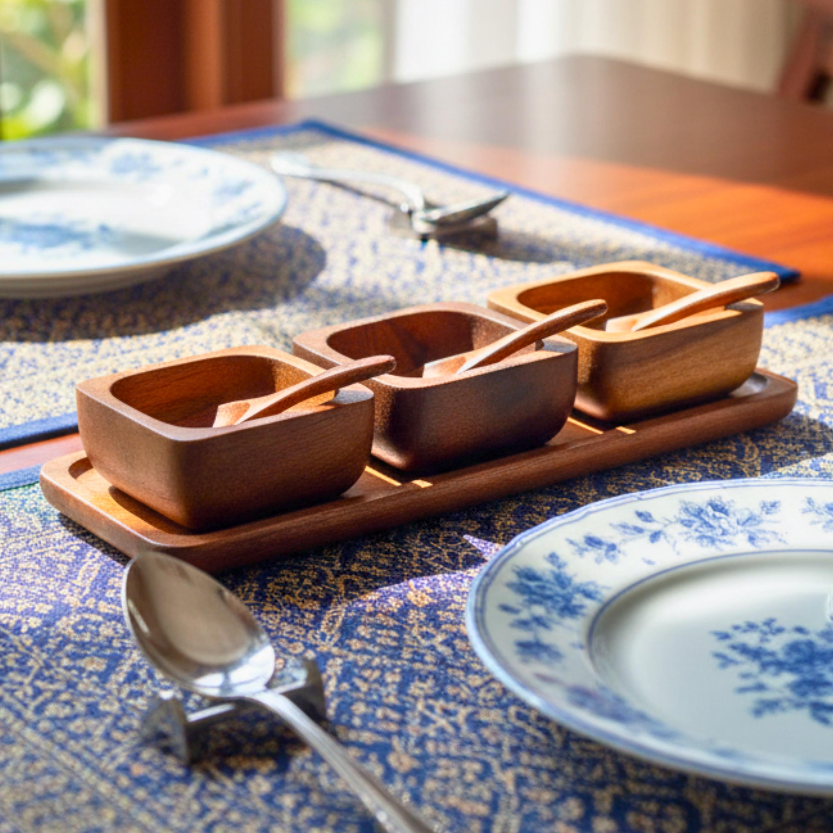 Hand Carved Wood Condiment Set of 3: Thai Tableware Serving Dishes