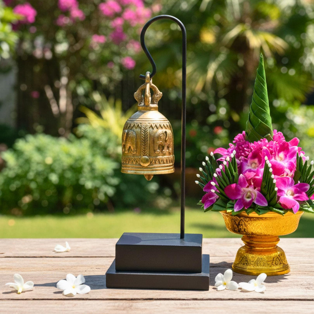Minimalist Golden Bell Stand: Polished Thai Temple Bell Modern Decor