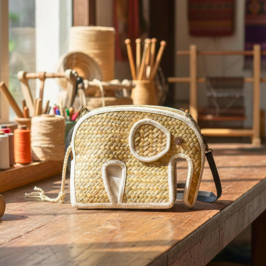 Hand Woven Elephant Rattan Shoulder Bag: Charming Animal Motif Purse