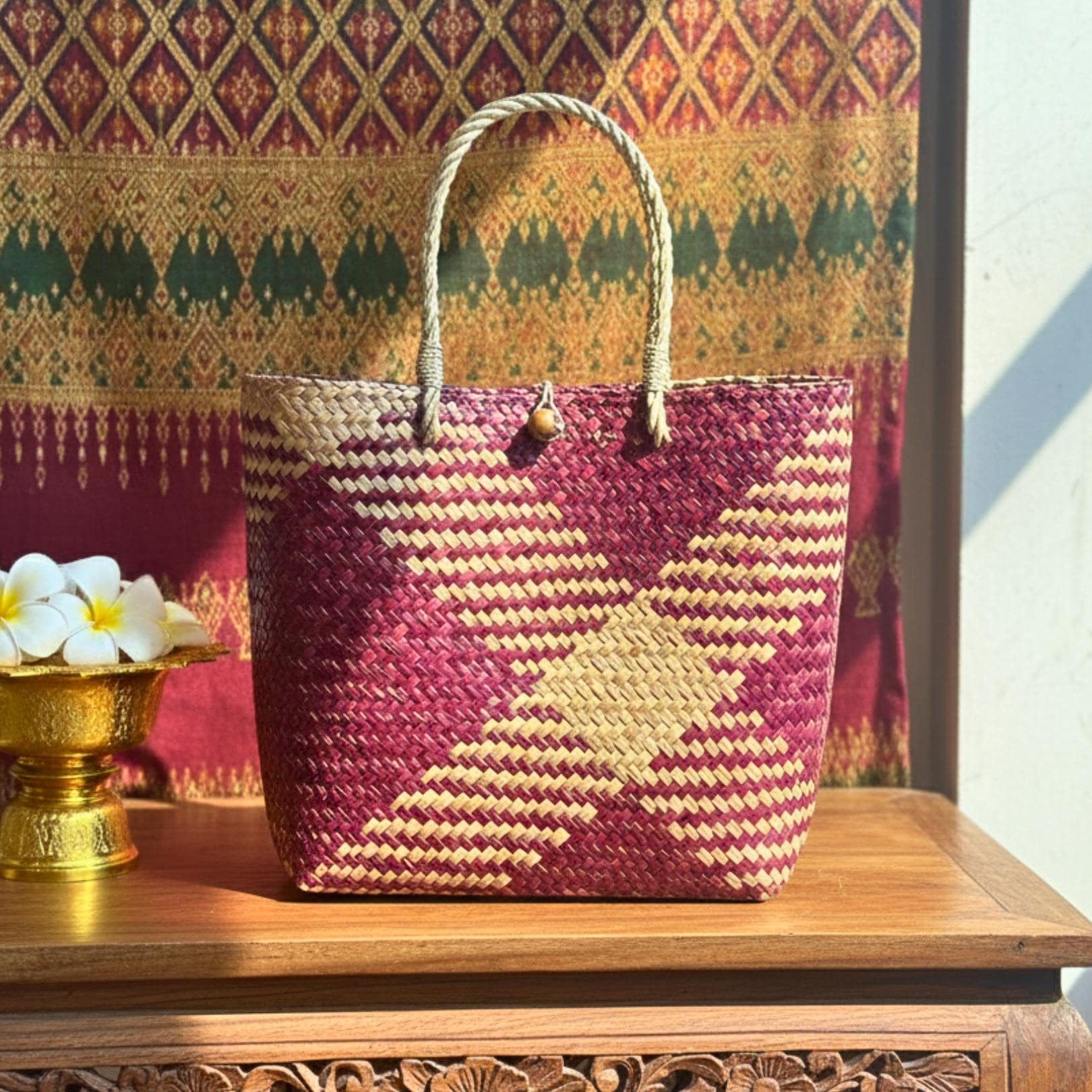 Hand Woven Rattan Square Tote Bag: Boho Wicker Handbag with Rope Handles