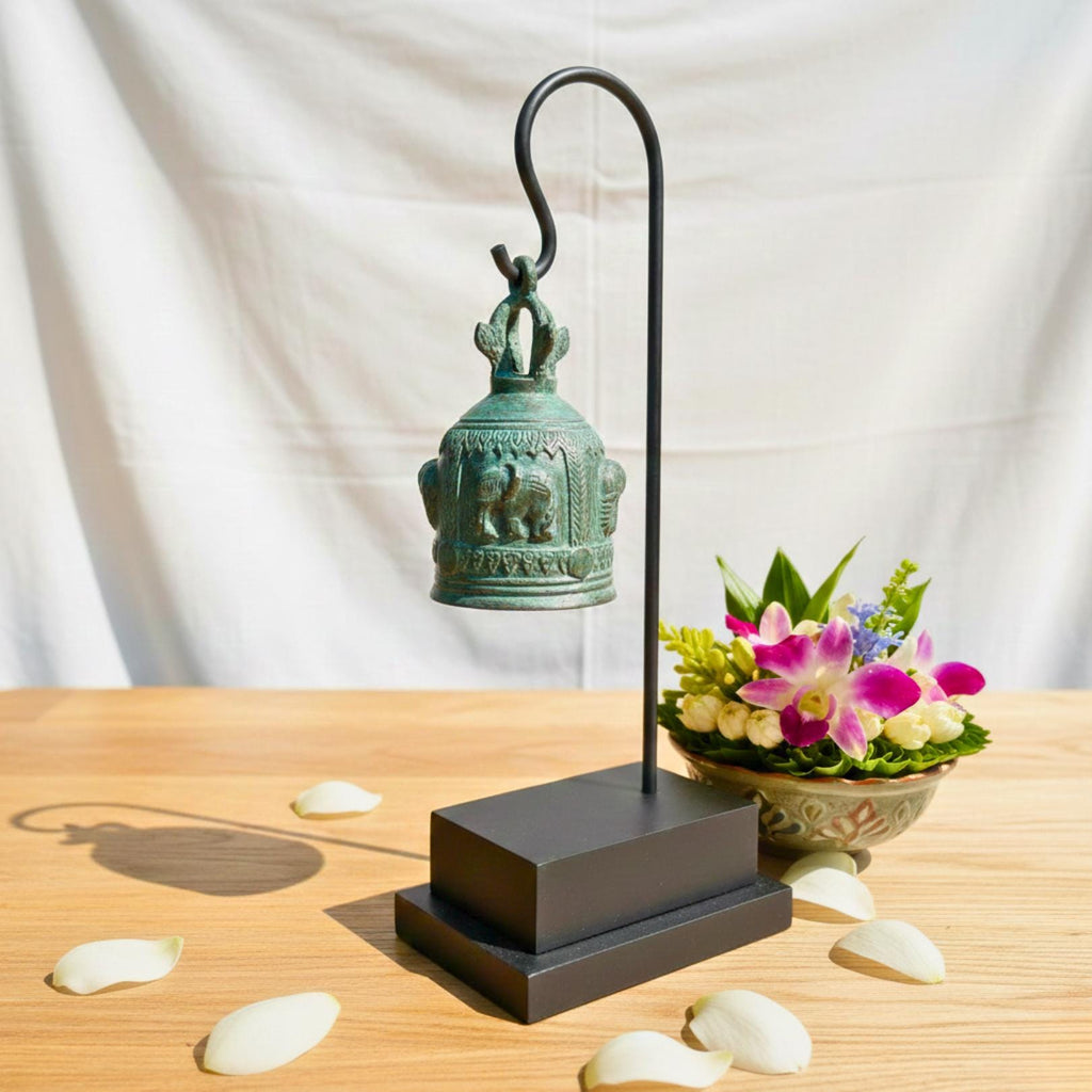 Minimalist Metal Bell Stand: Antique Patina Temple Bell Modern Decor