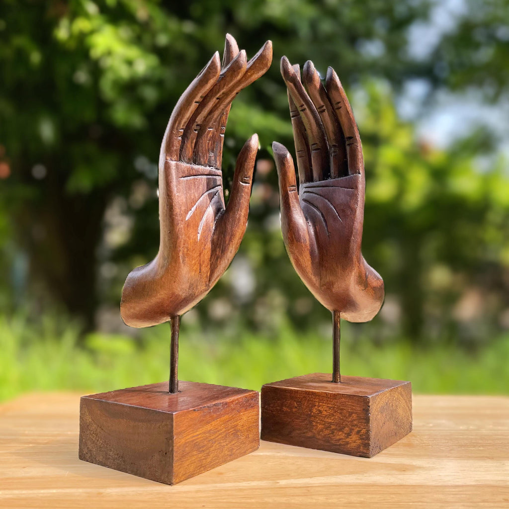Hand Carved Wood Mudra Sculpture Set of 2: Abhaya Inspired Thai Decor
