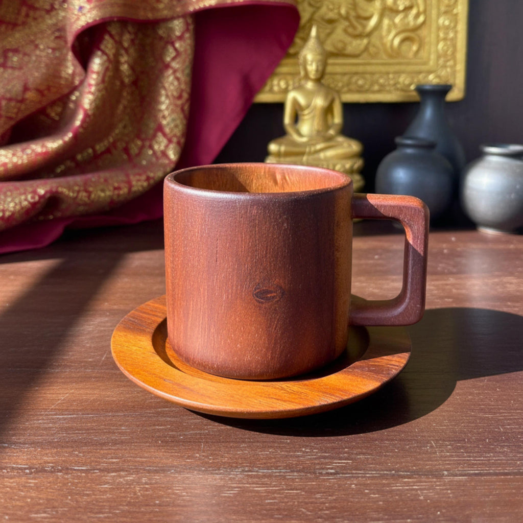 Hand Carved Wood Coffee Mug and Saucer Set: Rustic Teak Wood Teaware