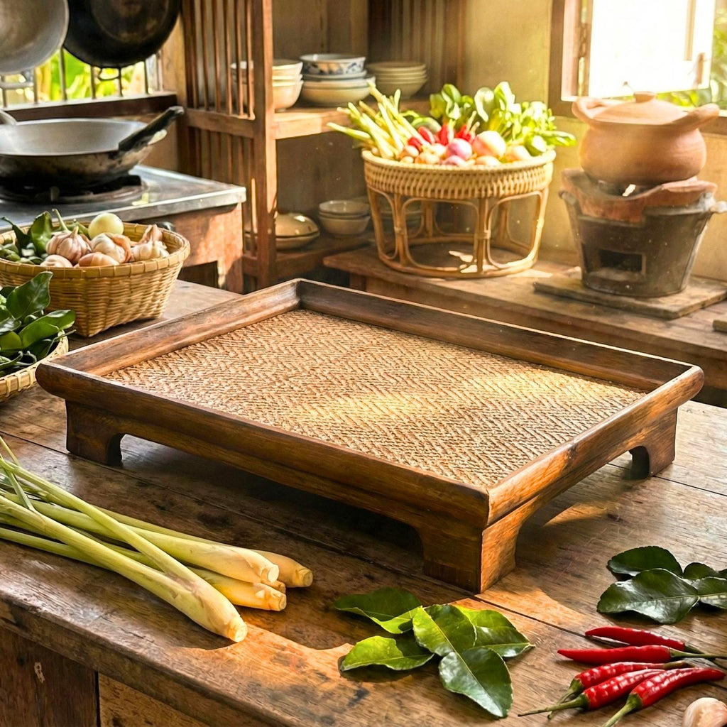 Handcrafted Hardwood Serving Tray: Woven Rattan Elevated Riser for Serving & Tea Set Display