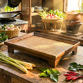 Handcrafted Hardwood Serving Tray: Woven Rattan Elevated Riser for Serving & Tea Set Display