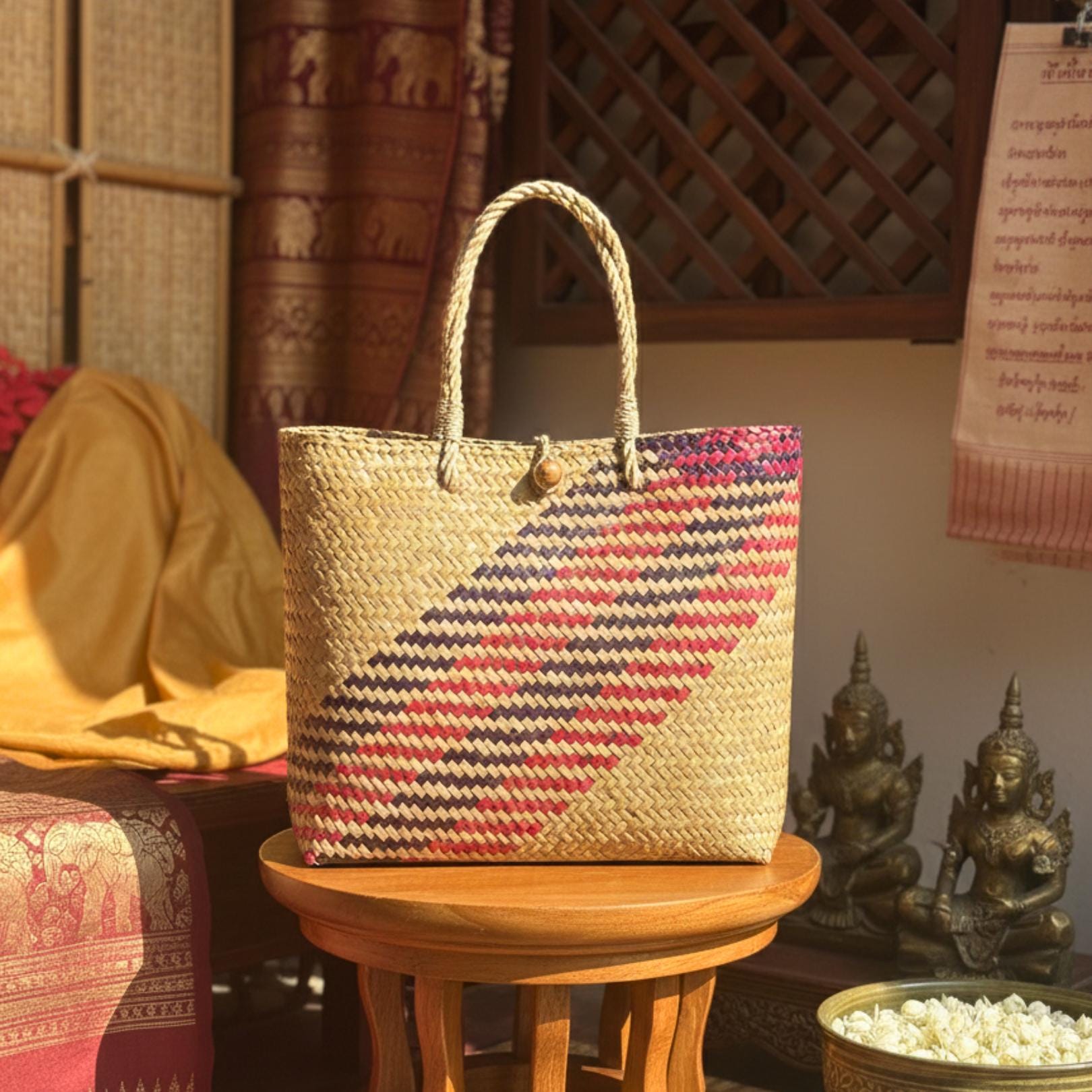 Hand Woven Rattan Market Bag: Large Boho Wicker Tote with Geometric Pattern