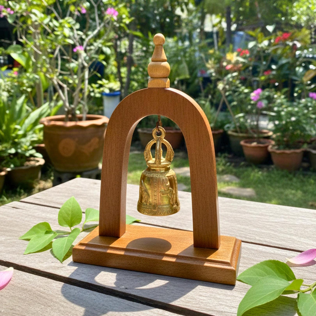 Handcrafted Wood Arch Bell Stand: Golden Temple Bell Meditation Decor