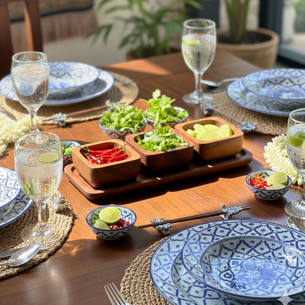Hand Carved Wood Condiment Set of 3: Thai Tableware Serving Dishes