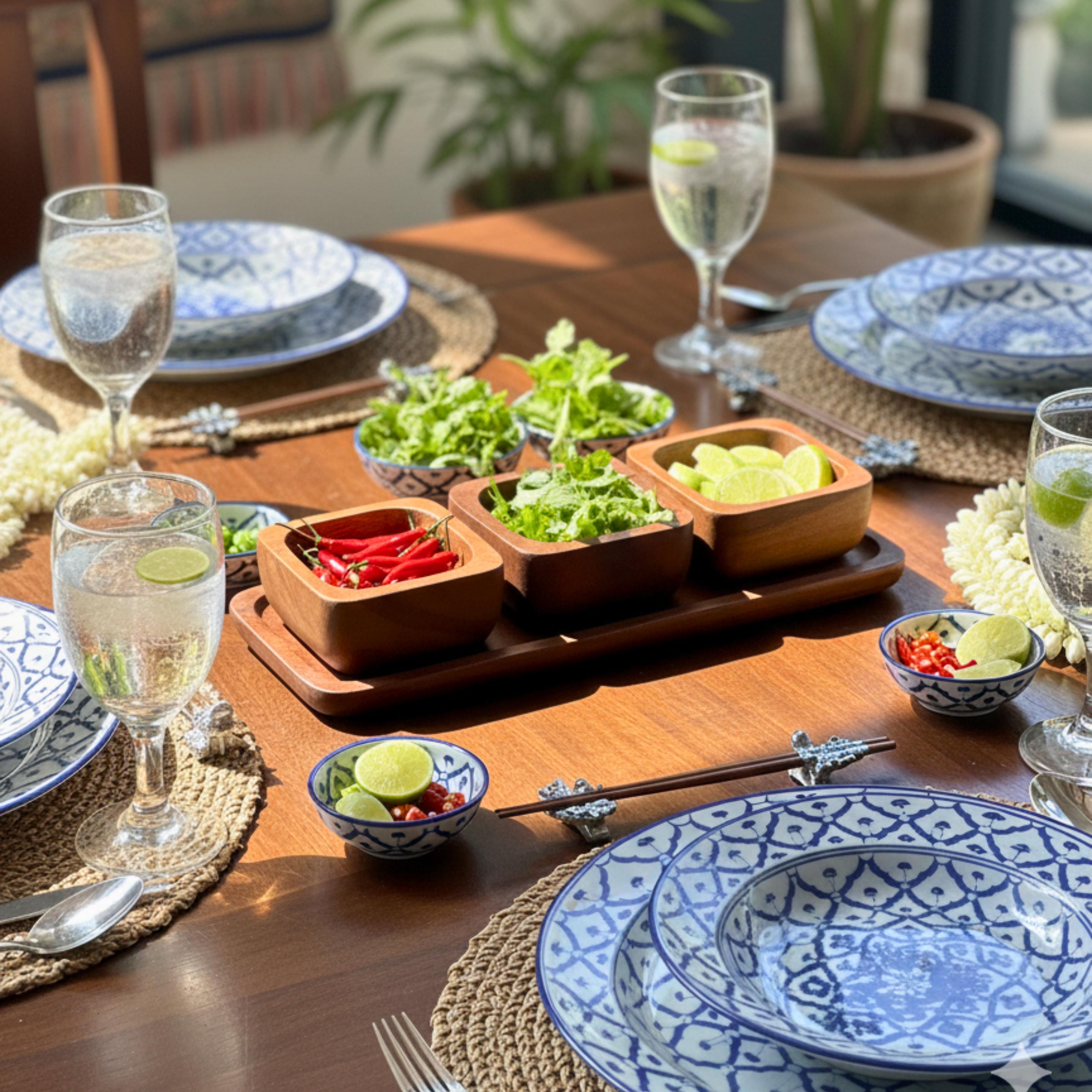 Hand Carved Wood Condiment Set of 3: Thai Tableware Serving Dishes